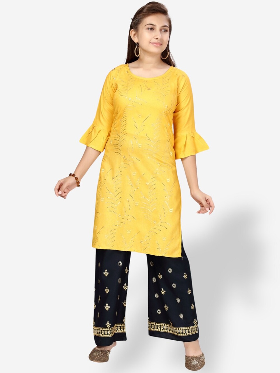 

Aarika Girls Ethnic Motifs Pure Cotton Kurta with Palazzos, Yellow