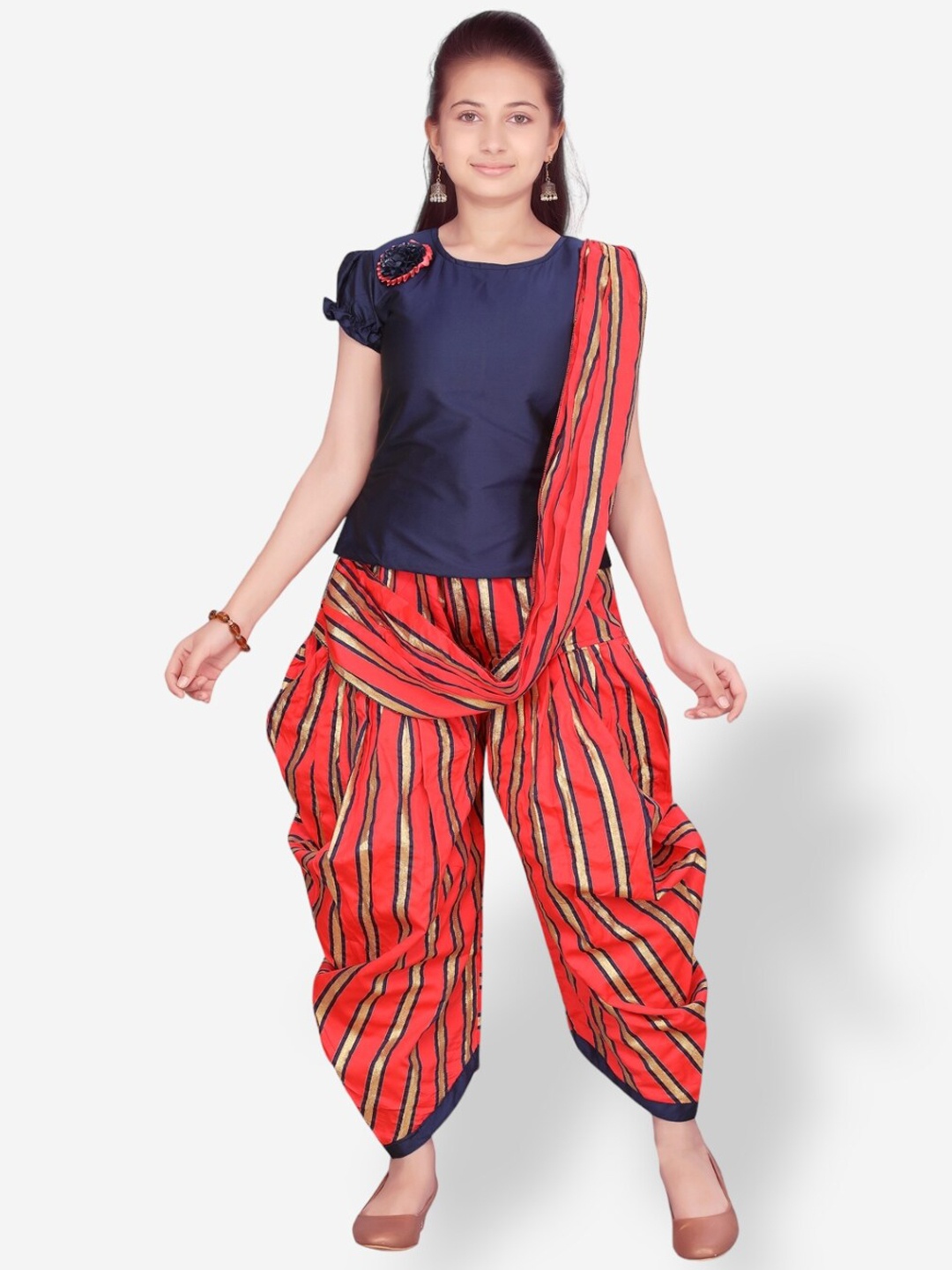 

Aarika Girls Pure Silk Top with Patiala & With Attached Dupatta, Navy blue