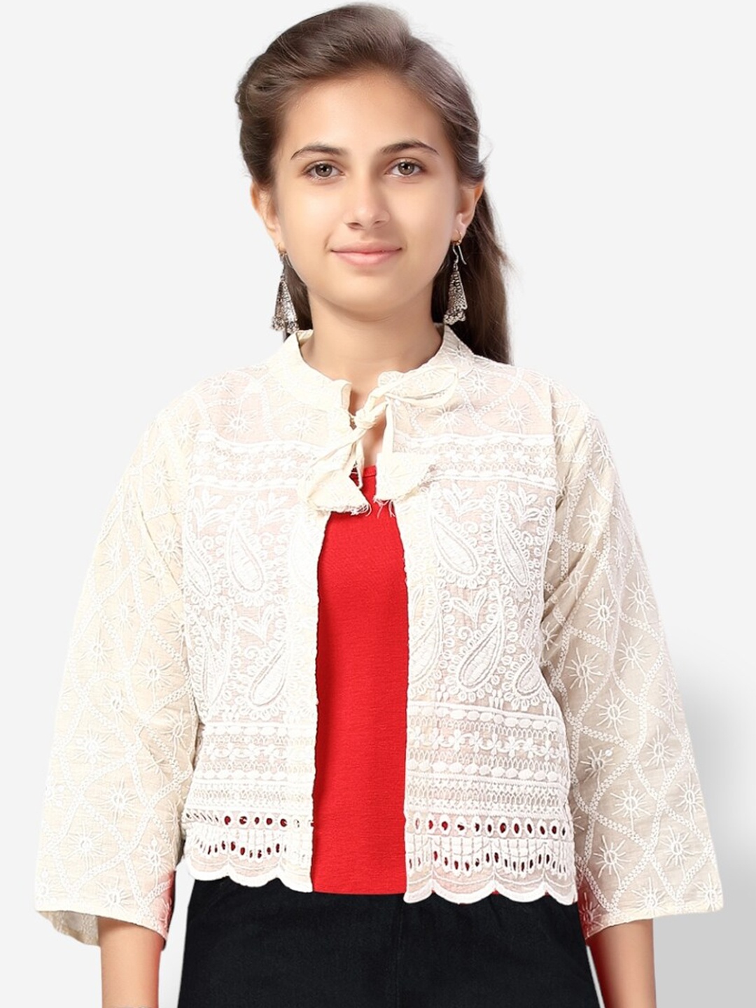 

Aarika Girls Embroidered Tie-Up Ethnic Jacket, Cream