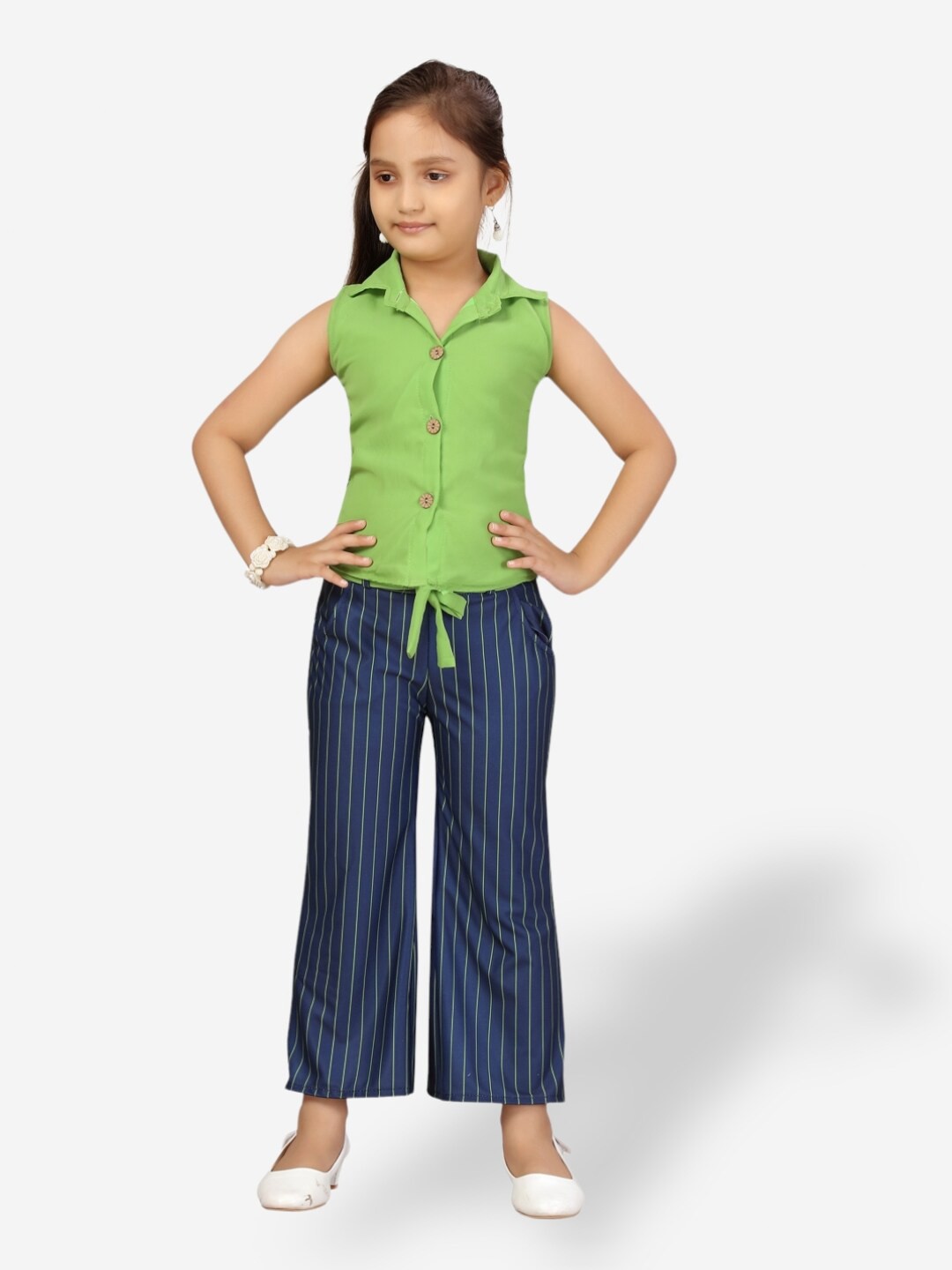 

Aarika Girls Shirt with Striped Trousers, Green