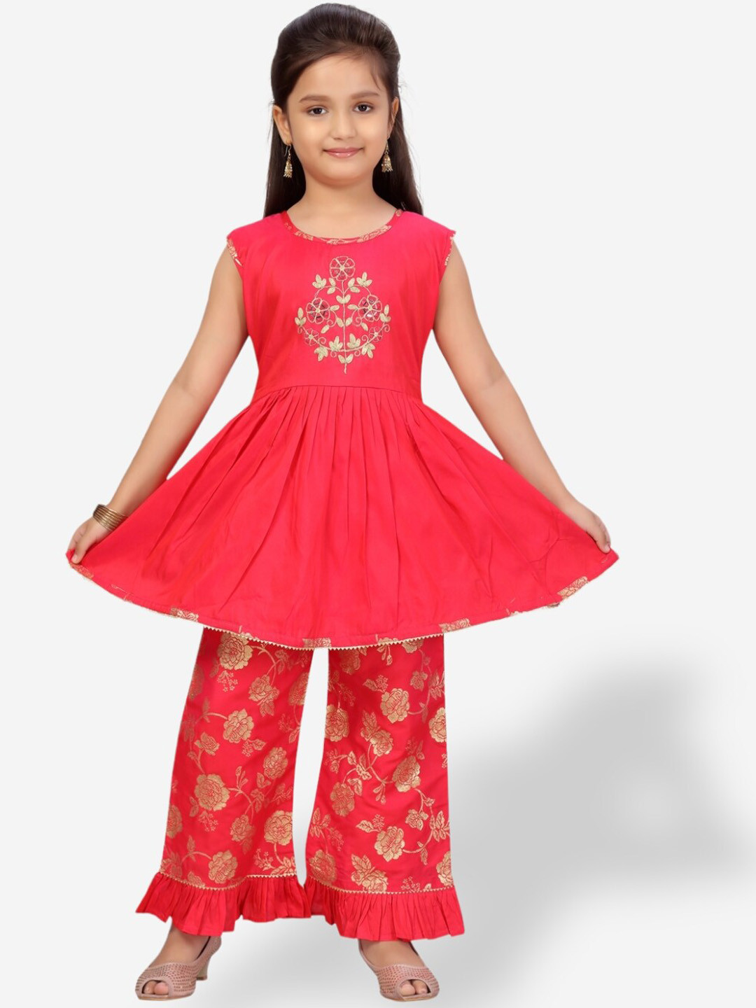 

Aarika Girls Ethnic Motifs Embroidered Pure Silk Kurta with Palazzos, Pink