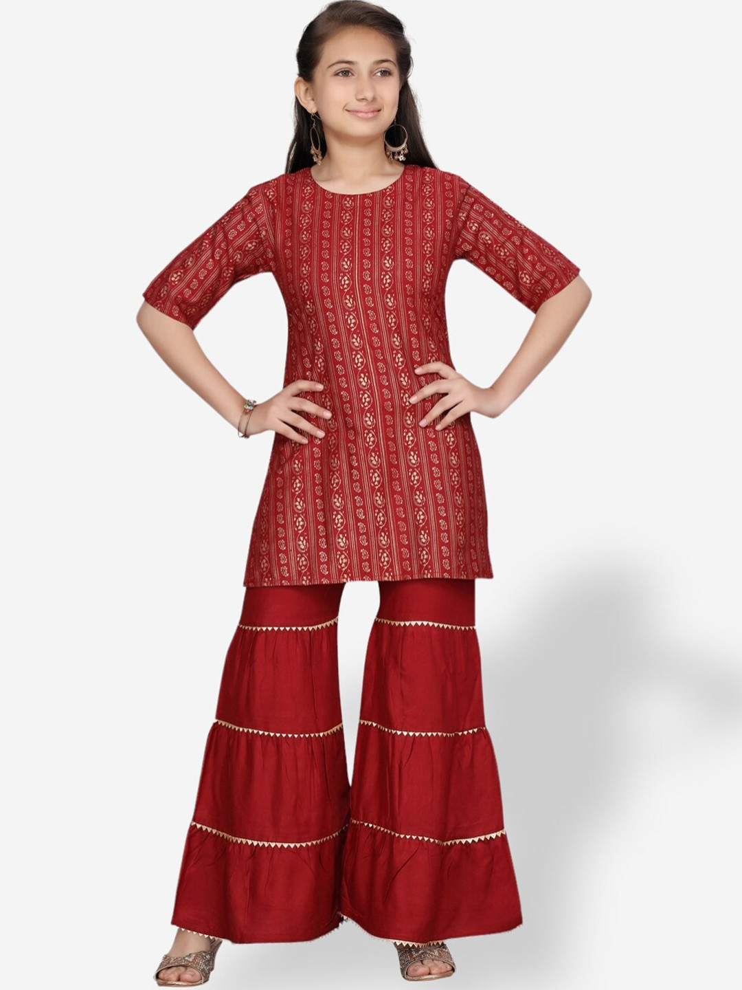 

Aarika Girls Ethnic Motifs Printed Pure Cotton Kurta with Sharara, Maroon