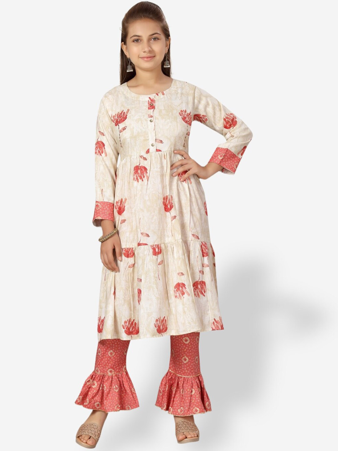 

Aarika Girls Floral Printed Pure Cotton Kurta With Trousers, Off white