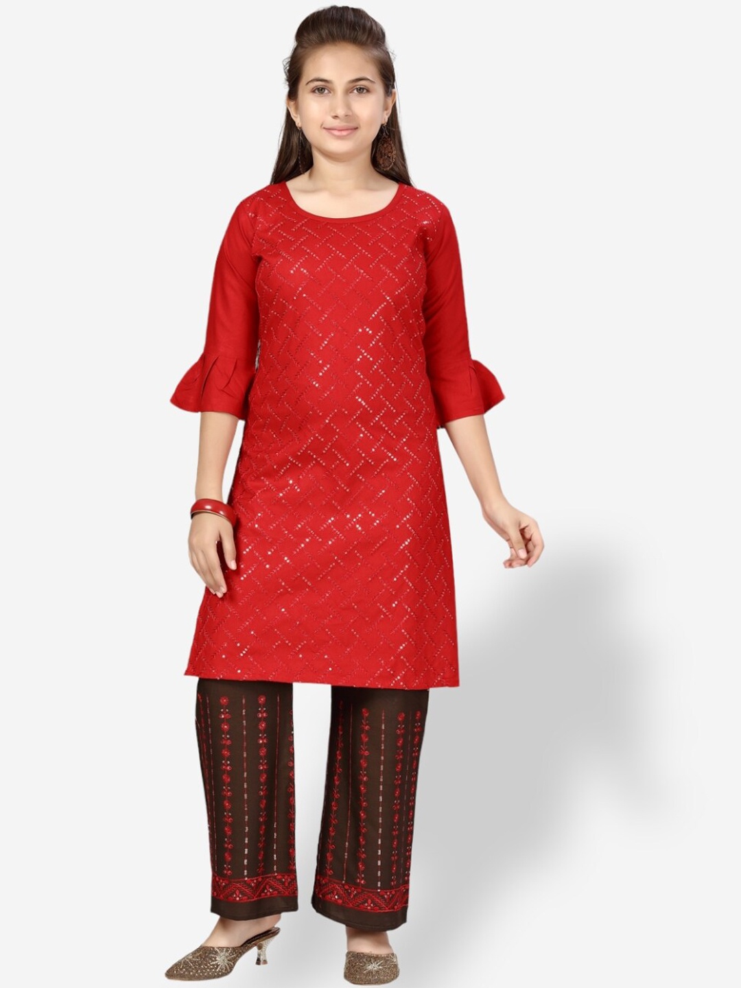 

Aarika Teen Girls Sequinned Pure Cotton Kurta With Palazzos, Red