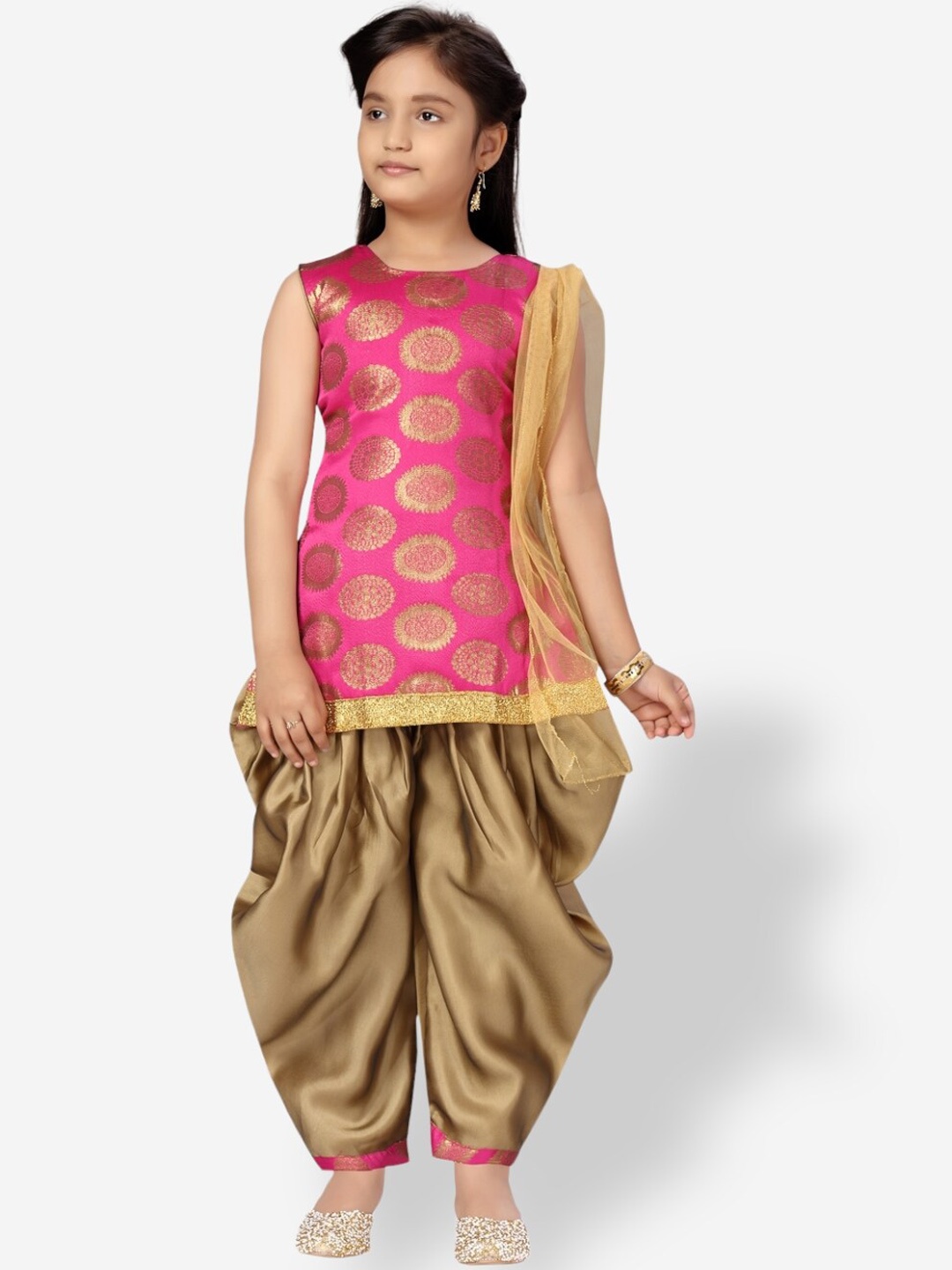 

Aarika Girls Woven Design Pure Silk Kurta With Patiala & Dupatta, Pink