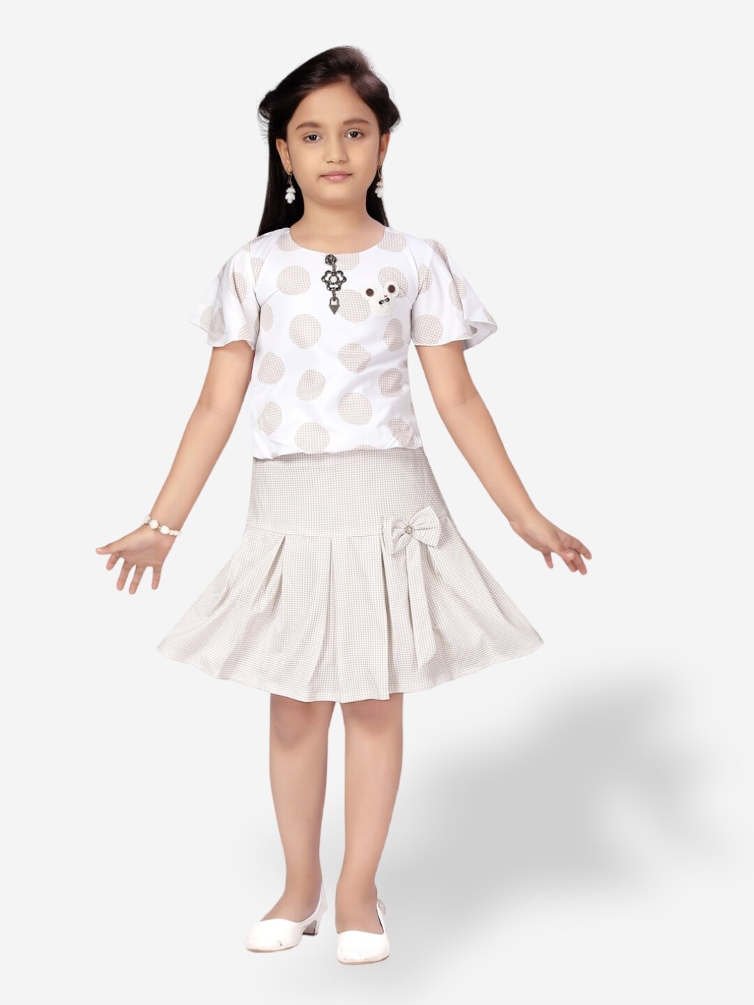 

Aarika Girls Printed Round Neck Top with Skirt, White