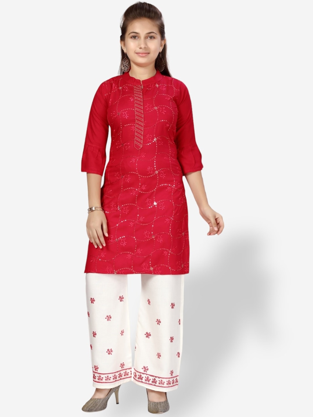 

Aarika Girls Ethnic Motifs Embroidered Sequinned Pure Cotton Kurta With Palazzo, Pink