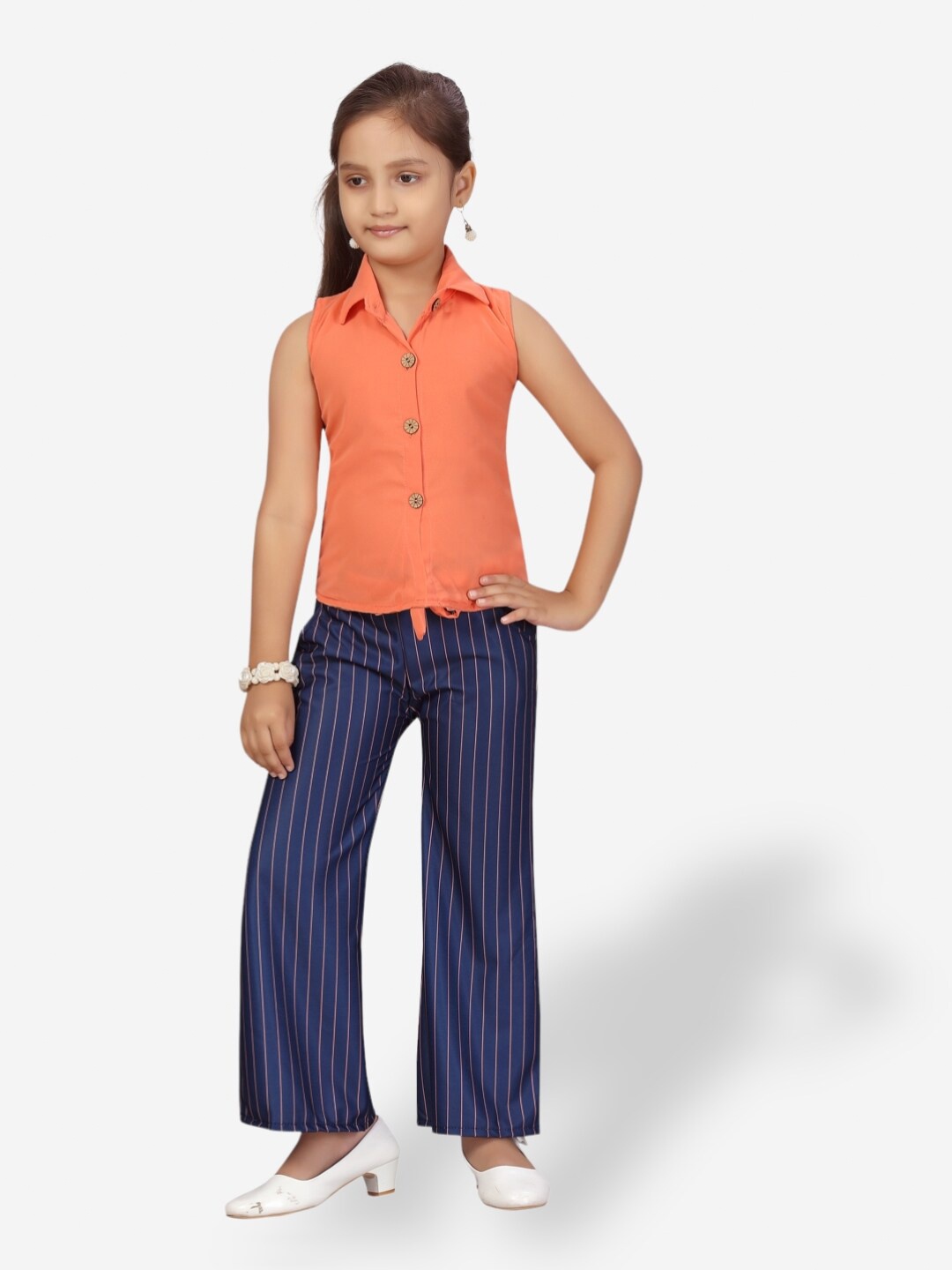 

Aarika Girls Shirt Collar Sleeveless Shirt with Trousers, Peach