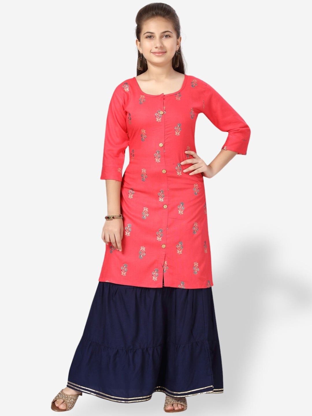 

Aarika Girls Floral Printed Pure Cotton Kurta With Skirt, Pink