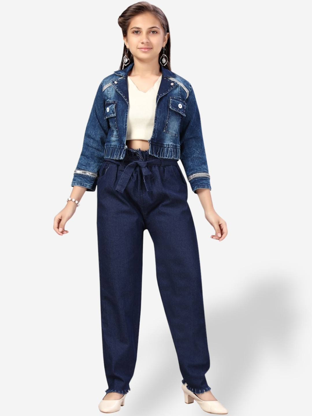 

Aarika Girls Self Design Crop Denim Jacket, Blue