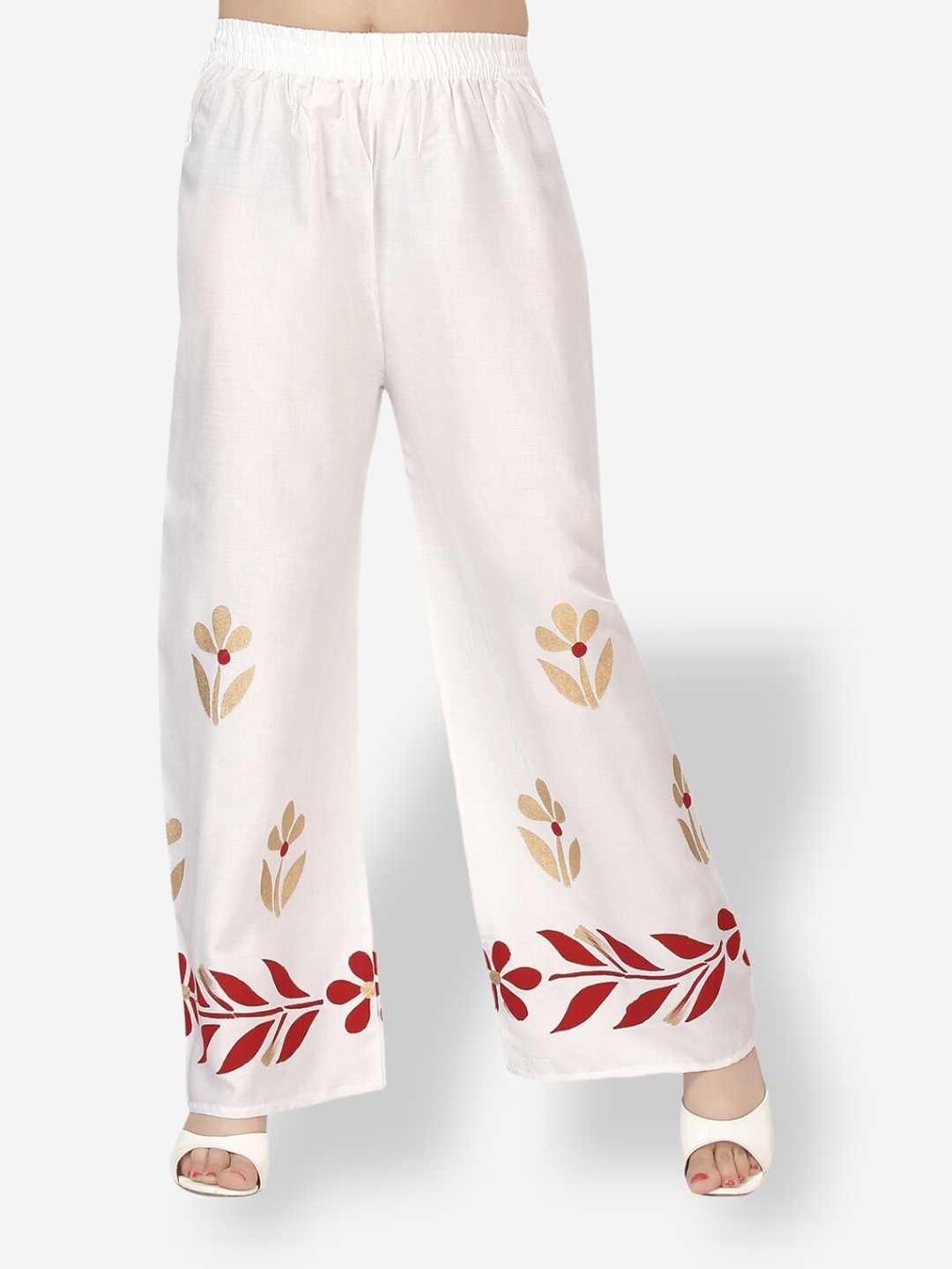 

Aarika Girls Floral Printed Cotton Wide Leg Slip-On Palazzos, White
