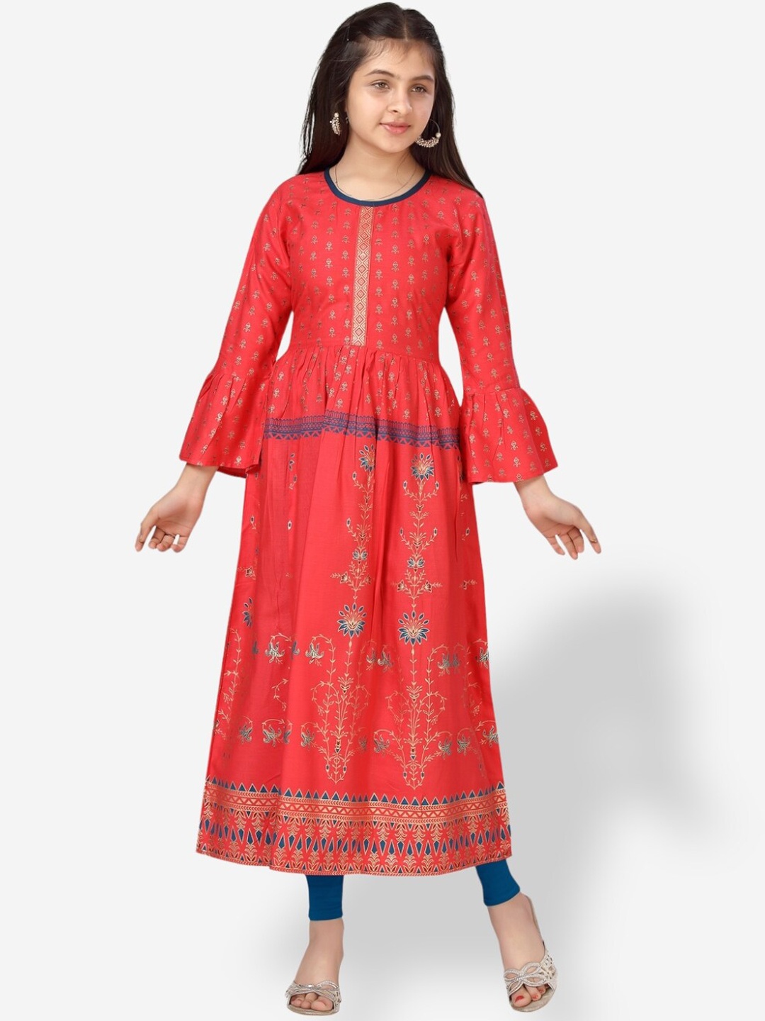

Aarika Girls Ethnic Motifs Printed Bell Sleeves Kurta, Red