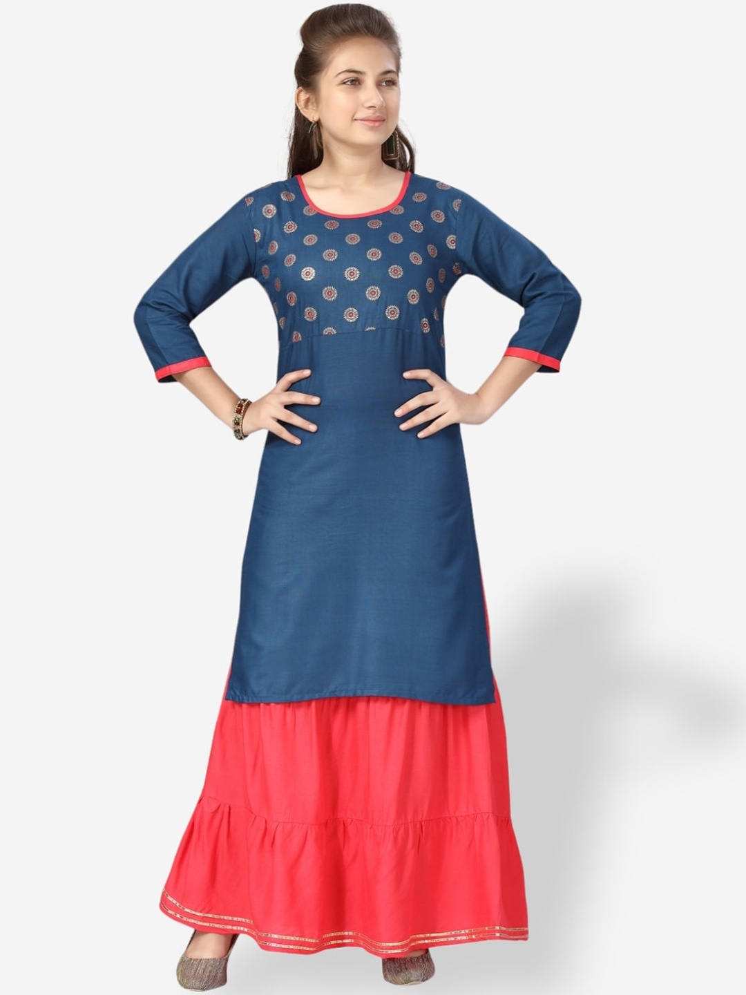 

Aarika Girls Ethnic Motifs Printed Pure Cotton Kurta With Skirt, Blue