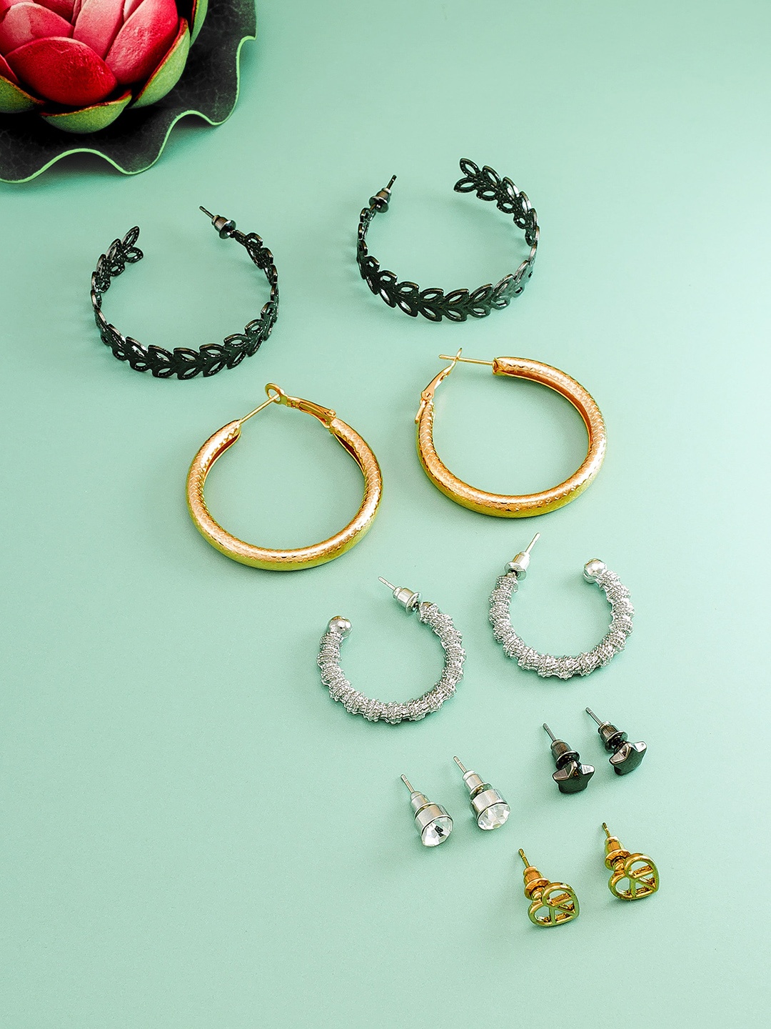 

aadita Set Of 6 Gold-Plated Geometric Studs Earrings