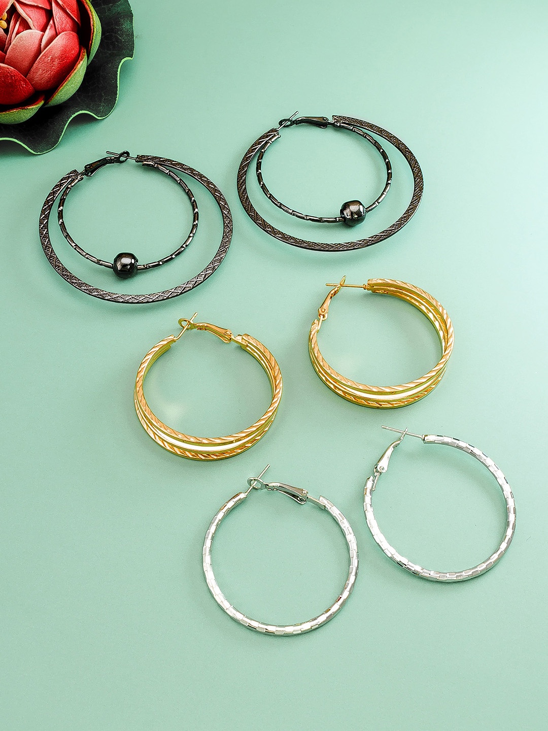 aadita Set Of 3 Gold-Plated Geometric Hoop Earrings