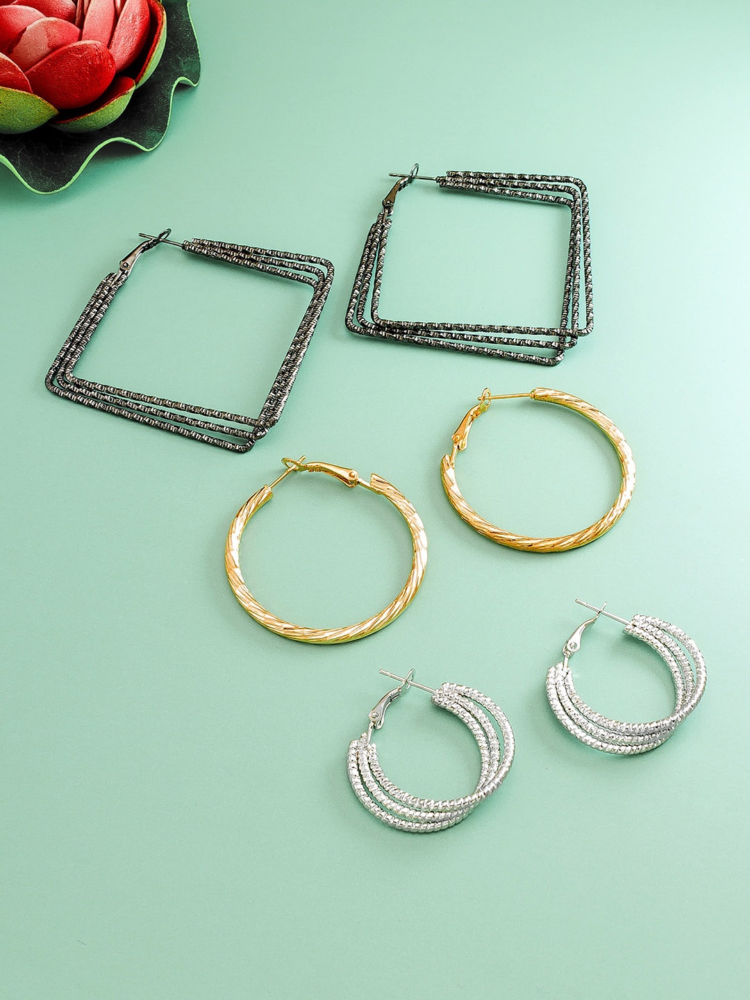 

aadita Pack Of 3 Gold-Plated Geometric Hoop Earrings