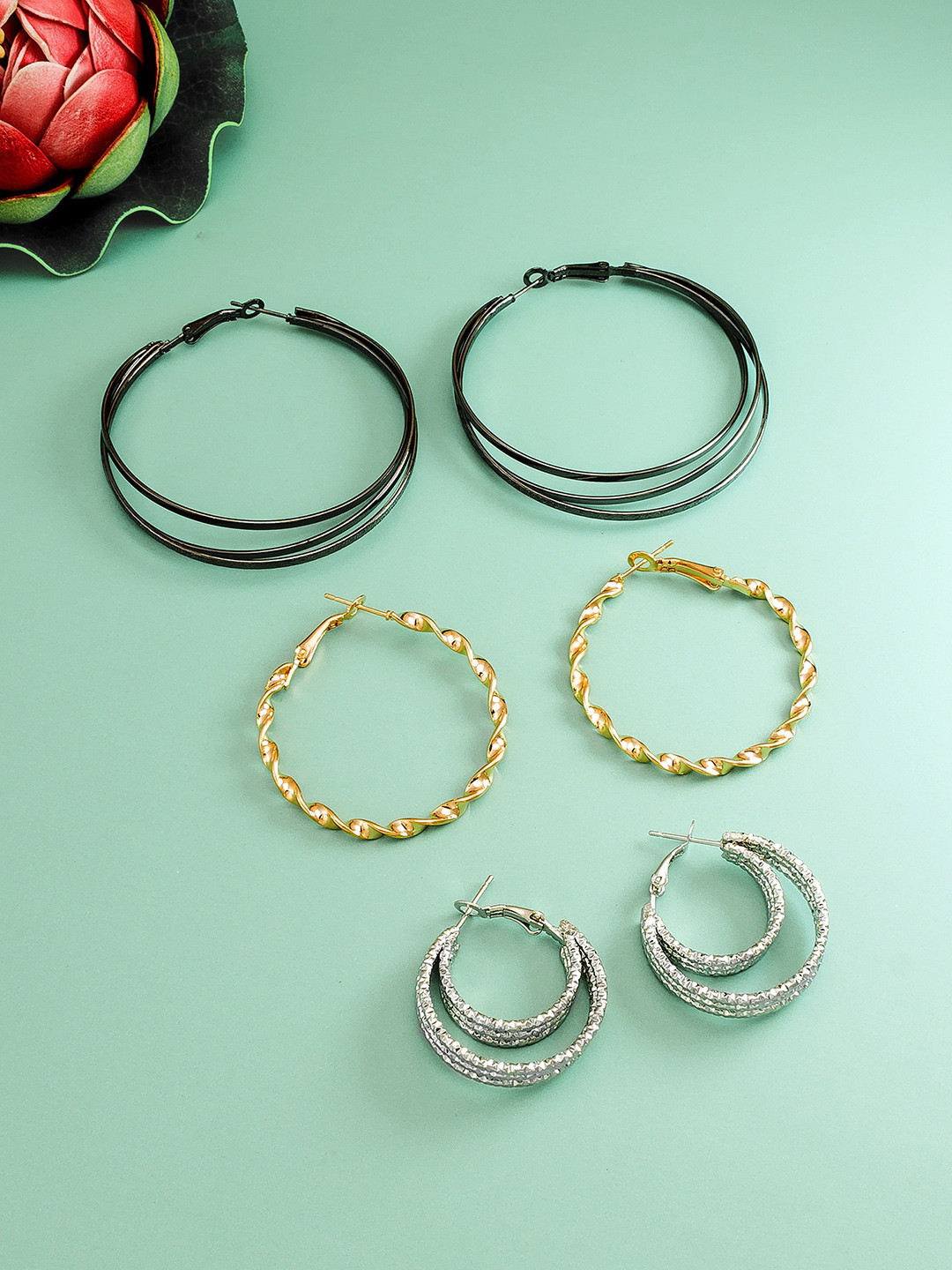 

aadita Set Of 3 Gold & Silver-Plated Circular Hoop Earrings, Black