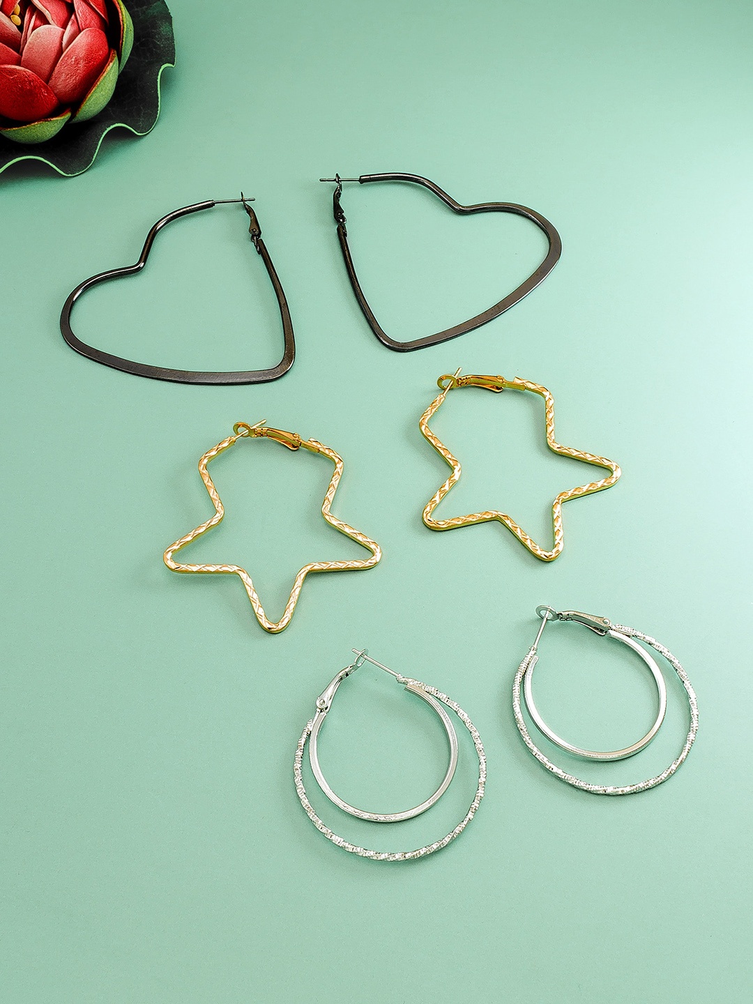 

aadita Set Of 3 Gold & Silver-Plated Geometric Hoop Earrings