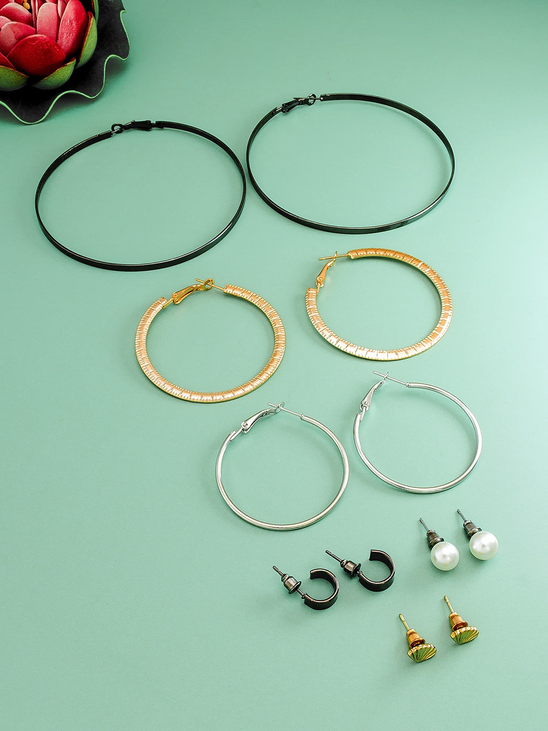 

aadita Set Of 6 Silver & Gold-Plated Geometric Hoop and Studs Earrings, White