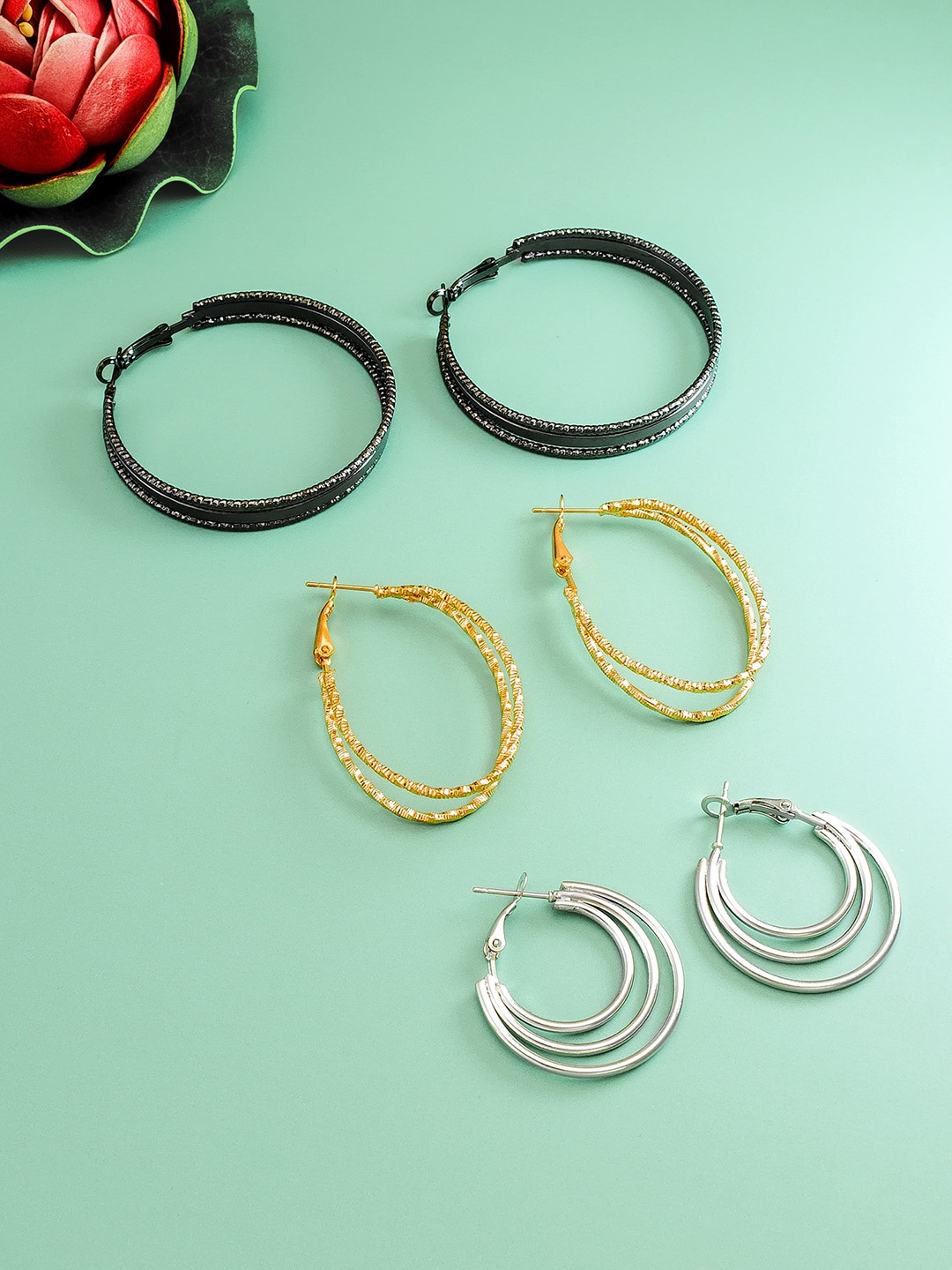 

aadita Set Of 3 Gold & Silver-Plated Circular Hoop Earrings