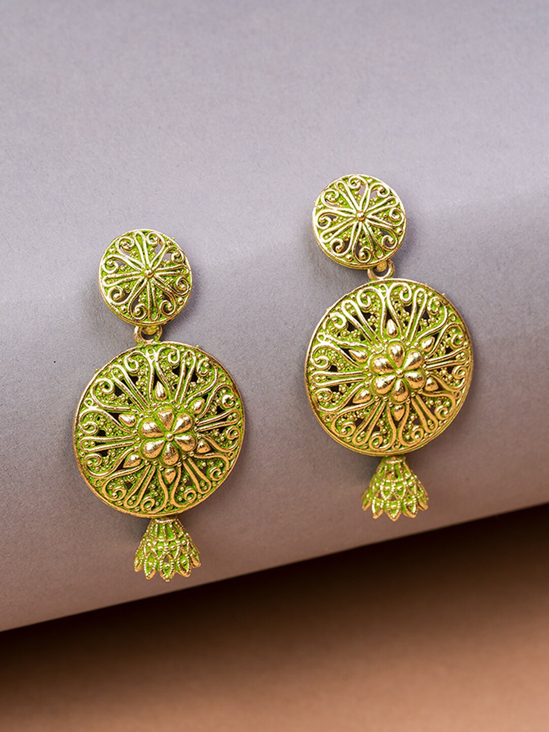 

HOUSE OF ARLI Gold-Plated Circular Drop Earrings, Green