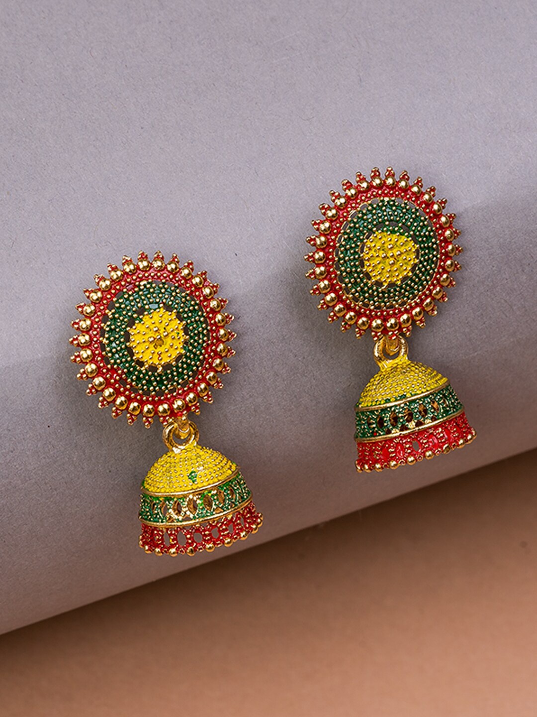 

HOUSE OF ARLI Gold-Plated Circular Jhumkas Earrings, Green