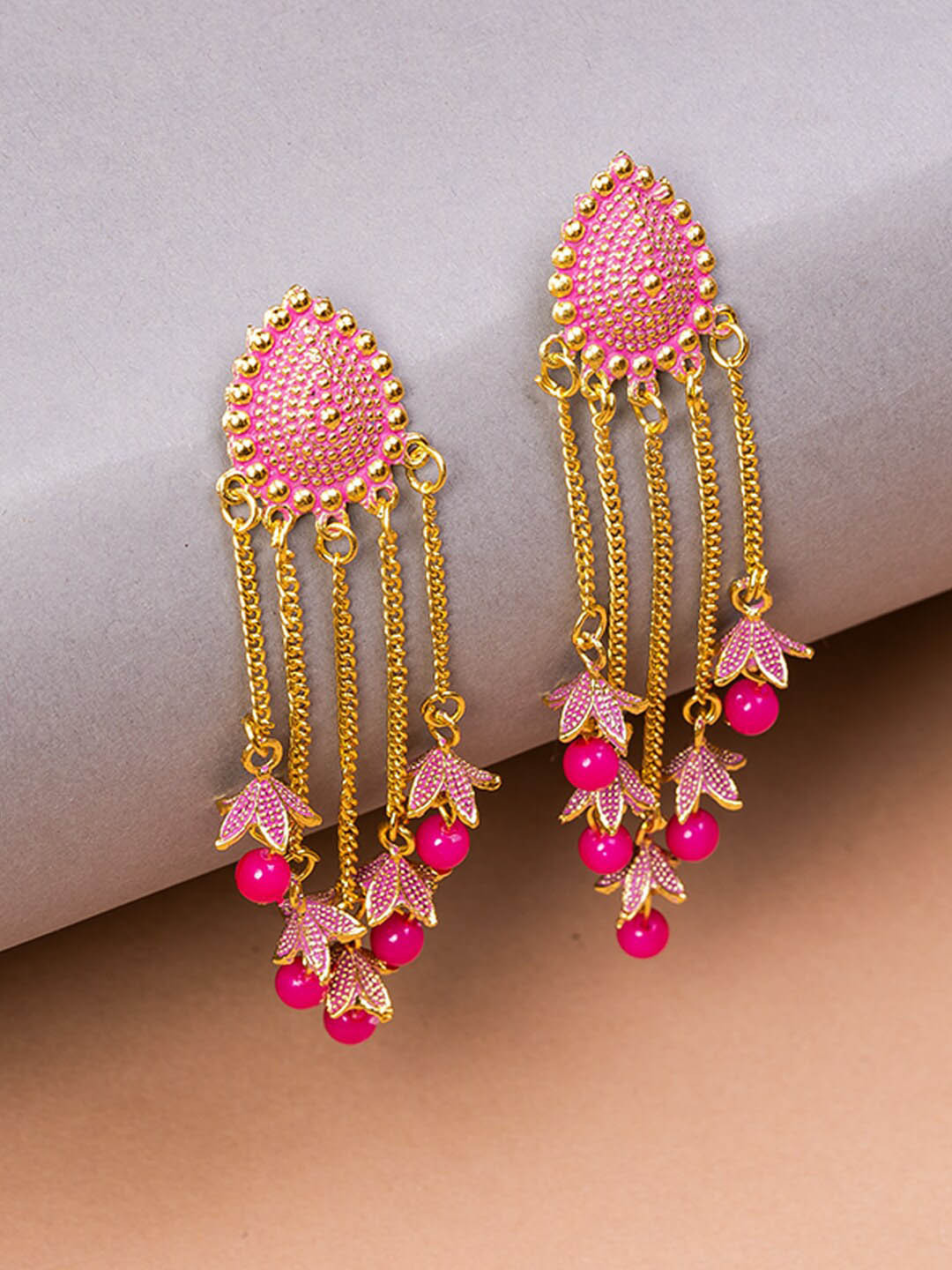 

HOUSE OF ARLI Gold-Plated Oval Drop Earrings, Pink