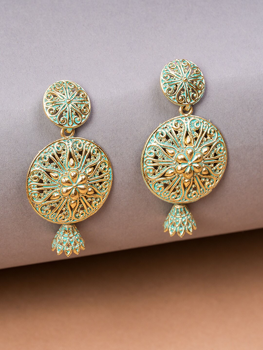 

HOUSE OF ARLI Gold-Plated Circular Drop Earrings, Sea green