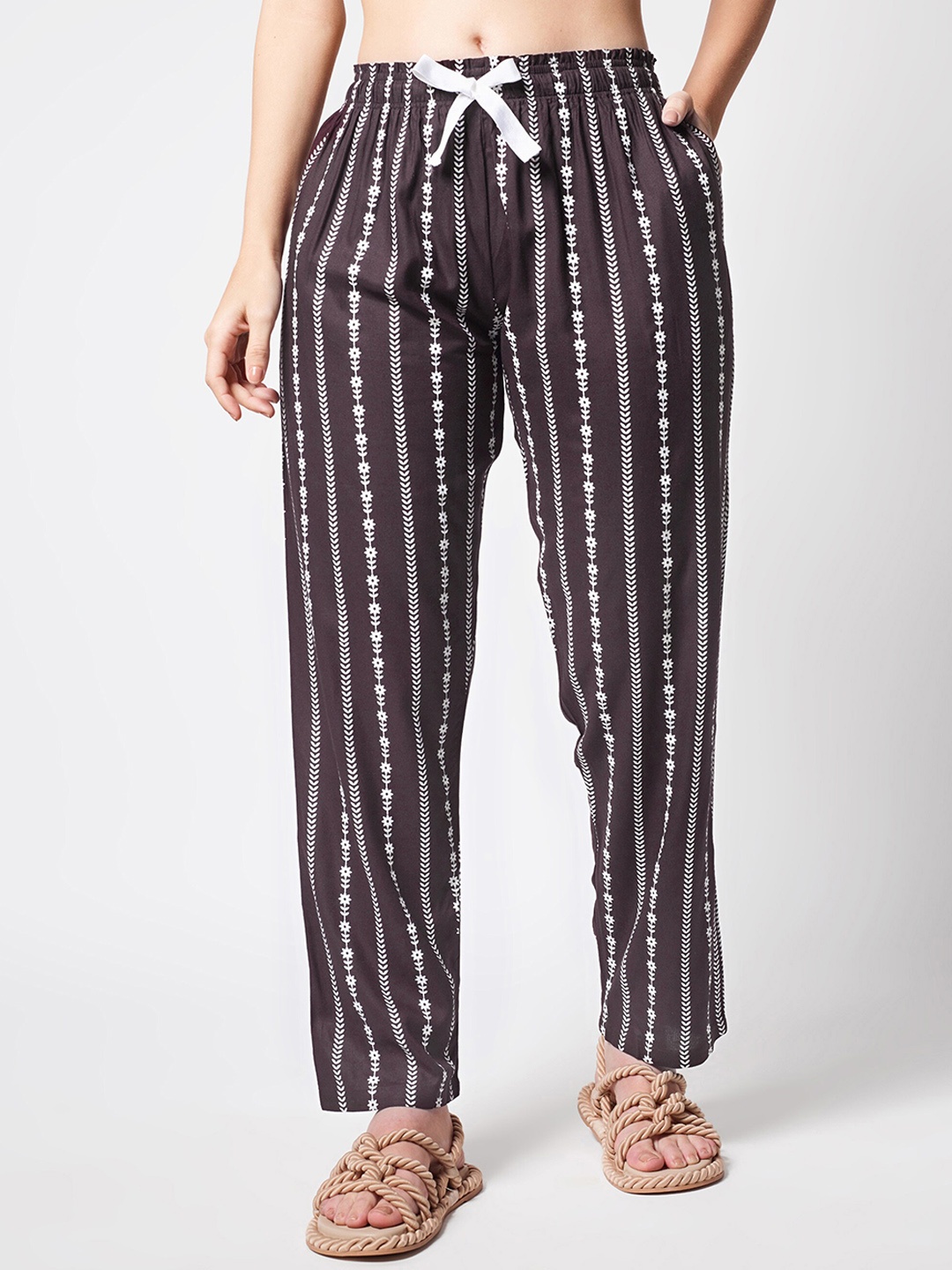 

Zeyo Women Striped Mid-Rise Straight Lounge Pants, Brown