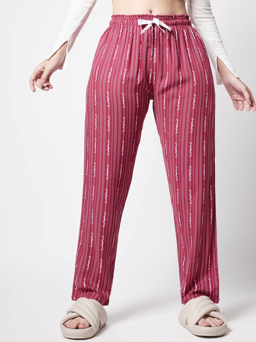 

Zeyo Women Striped Printed Mid-Rise Straight Lounge Pants, Red