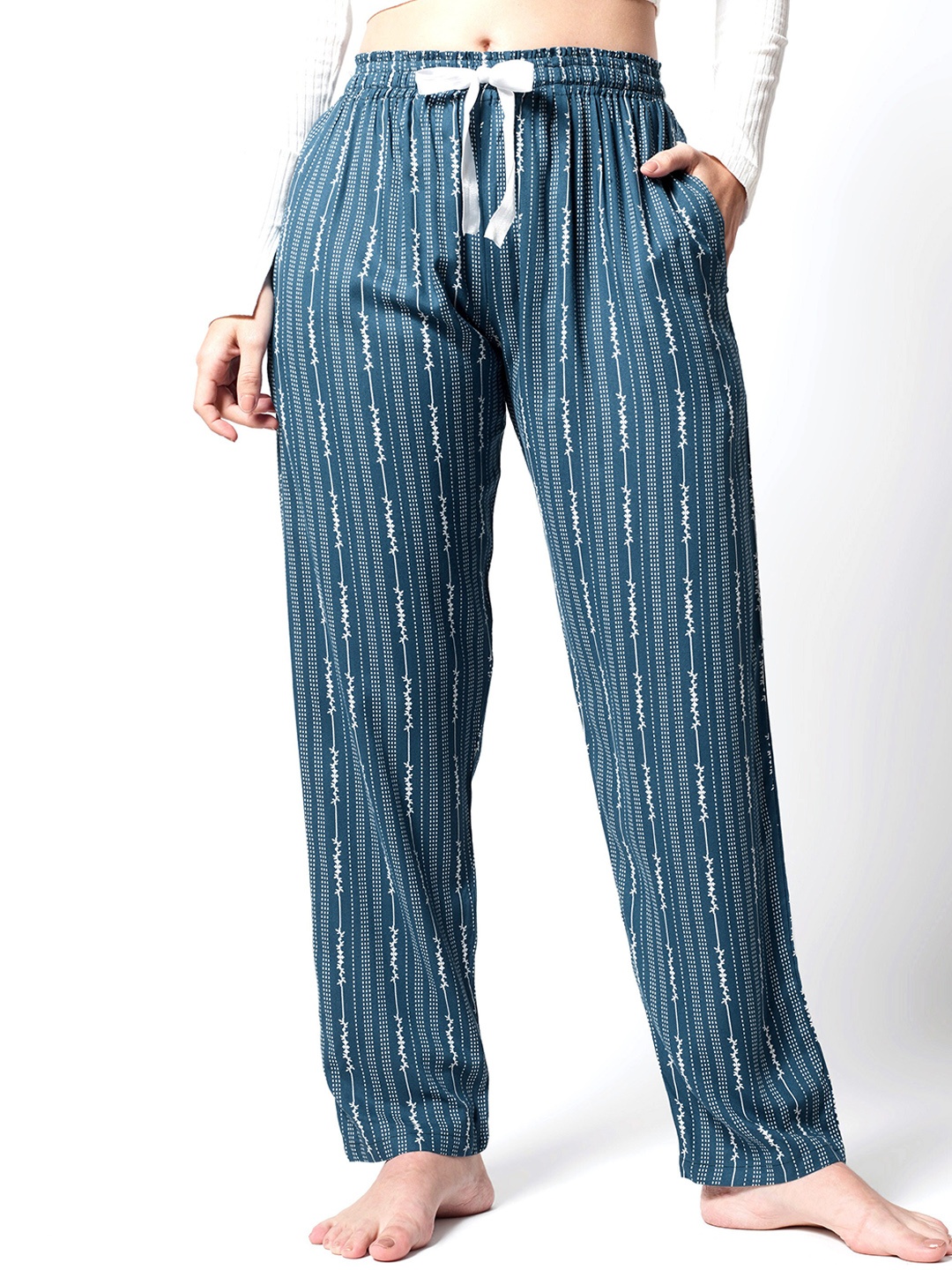 

Zeyo Women Striped Mid-Rise Straight Lounge Pants, Blue