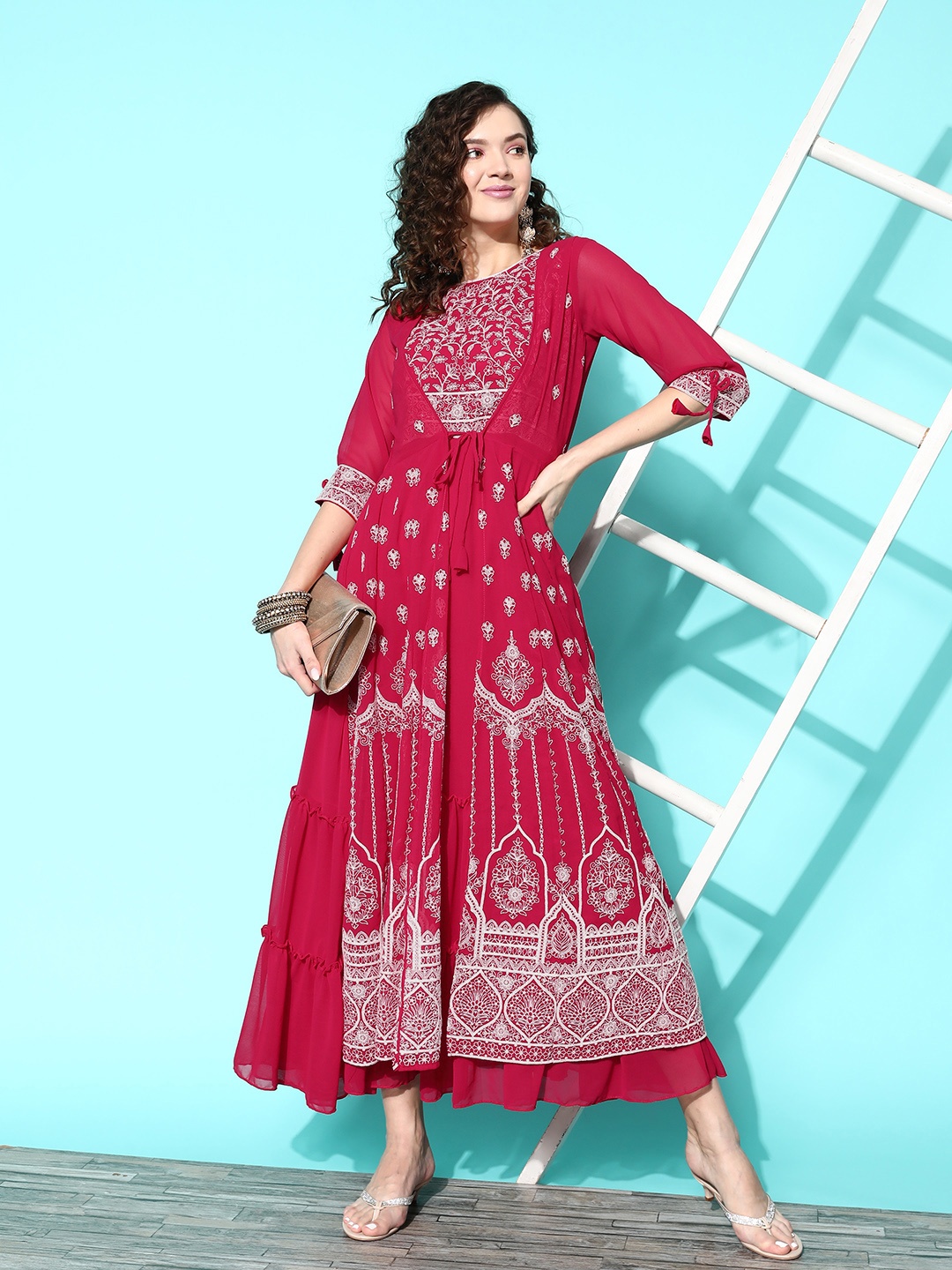 

Kvsfab Floral Embroidered Georgette Maxi Dress, Pink