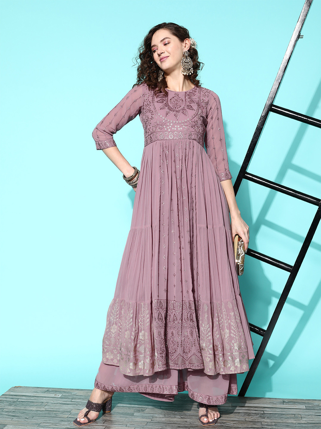 

Kvsfab Women Floral Embroidered Pleated Sequinned Kurta with Palazzos, Mauve