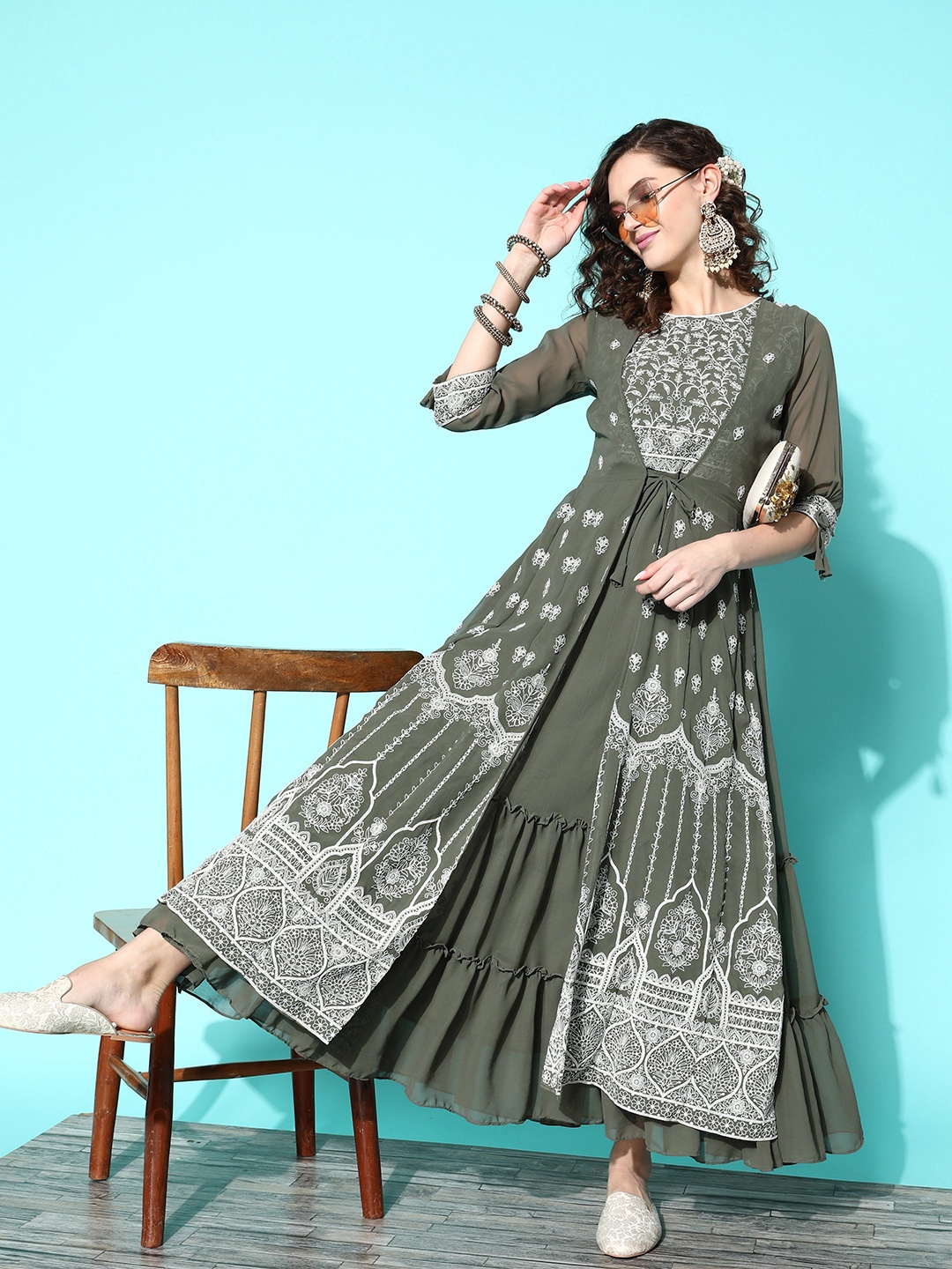 

Kvsfab Floral Embroidered Georgette Maxi Dress, Olive