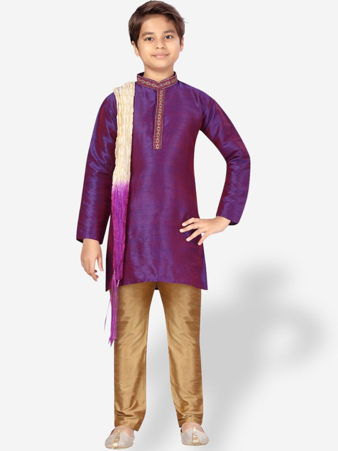 

Aarika Boys Pure Silk Kurta with Trousers & Dupatta, Purple