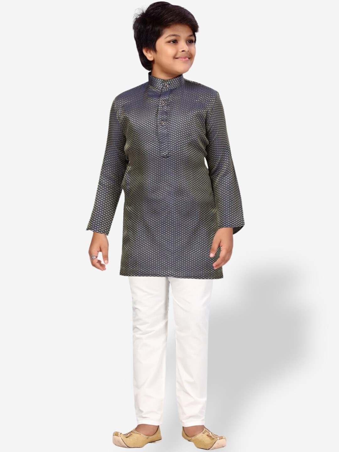 

Aarika Boys Printed Pure Silk Kurta with Pyjamas, Navy blue