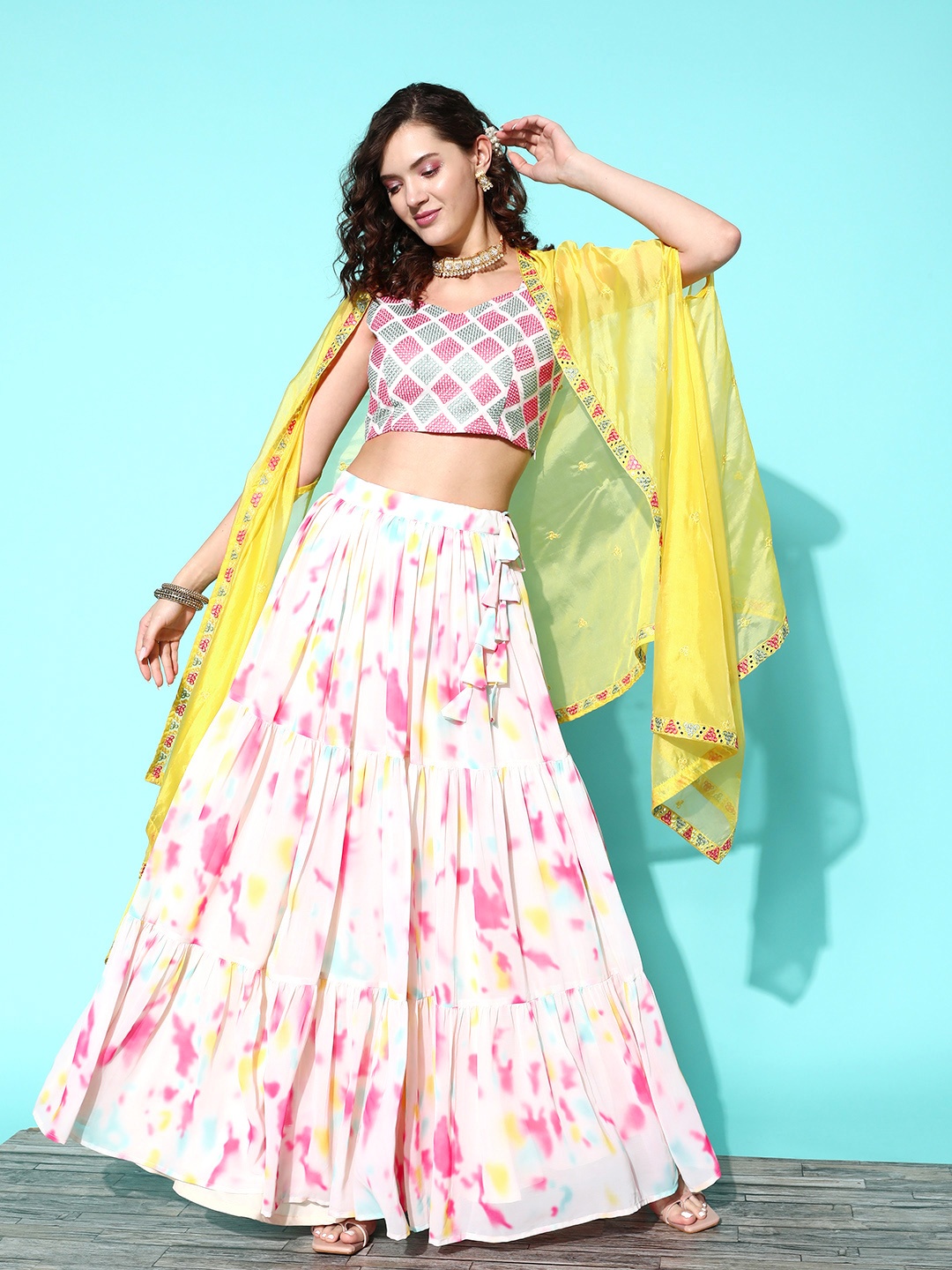 

Kvsfab Multicoloured Embroidered Mirror Work Ready to Wear Lehenga &, Multi