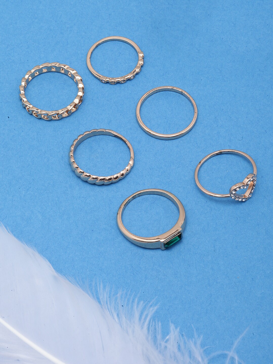 

DressBerry Set Of 6 Gold-Plated CZ-Studded Finger Rings, Green