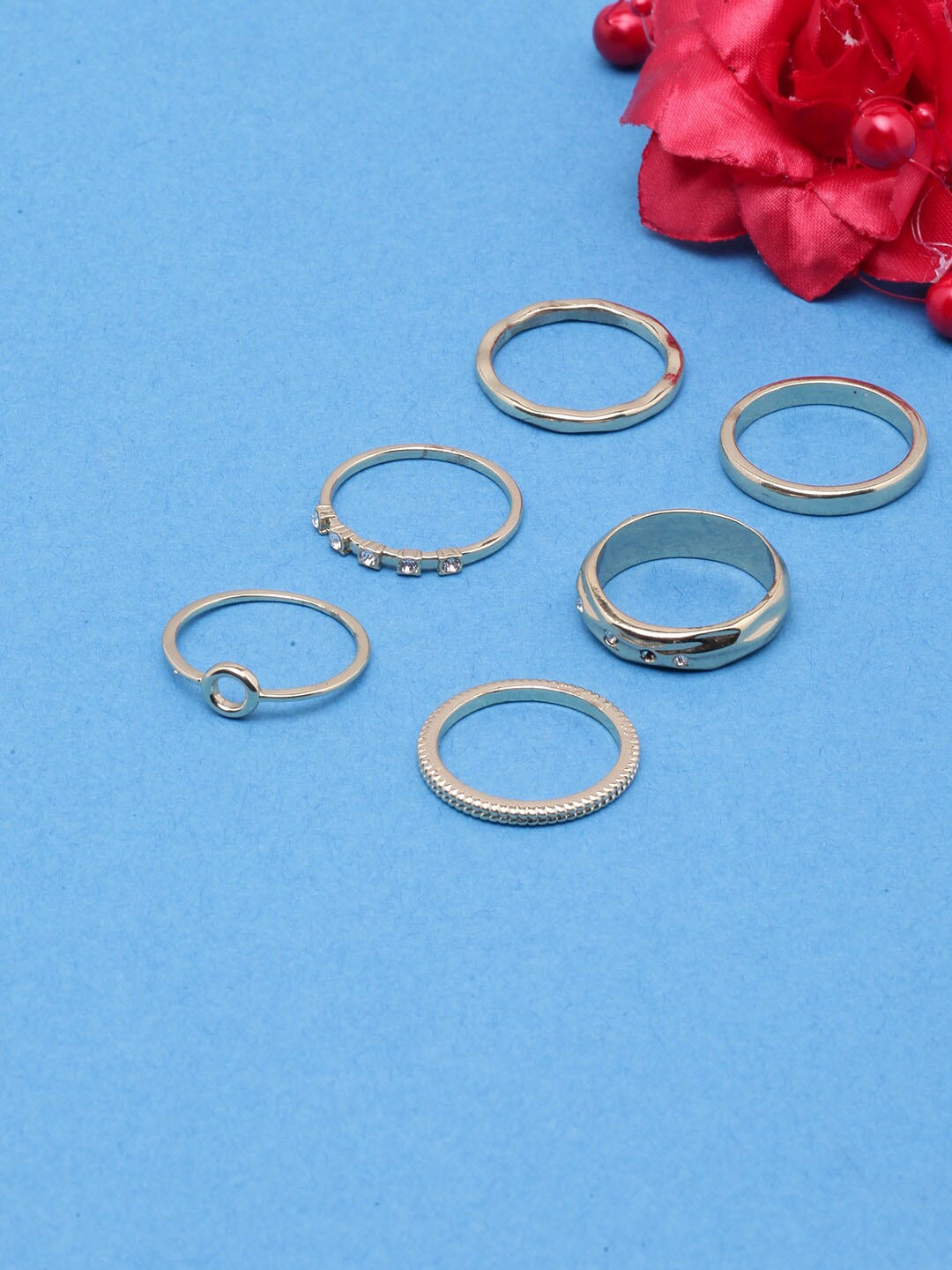 

DressBerry Set Of 6 Gold-Plated CZ-Studded Finger Rings, White