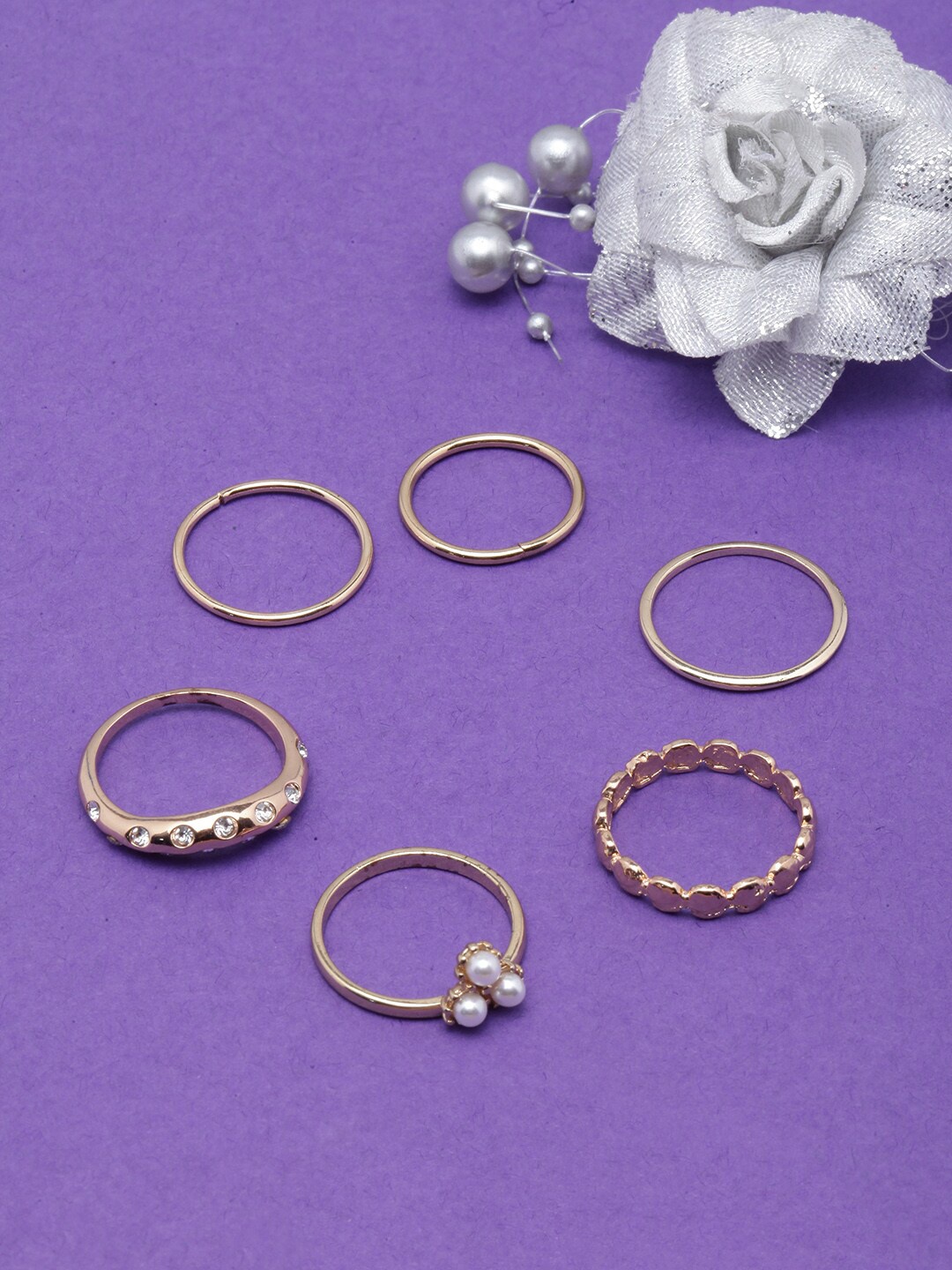 

DressBerry Set Of 6 Gold-Plated CZ-Studded Beaded Finger Rings, White