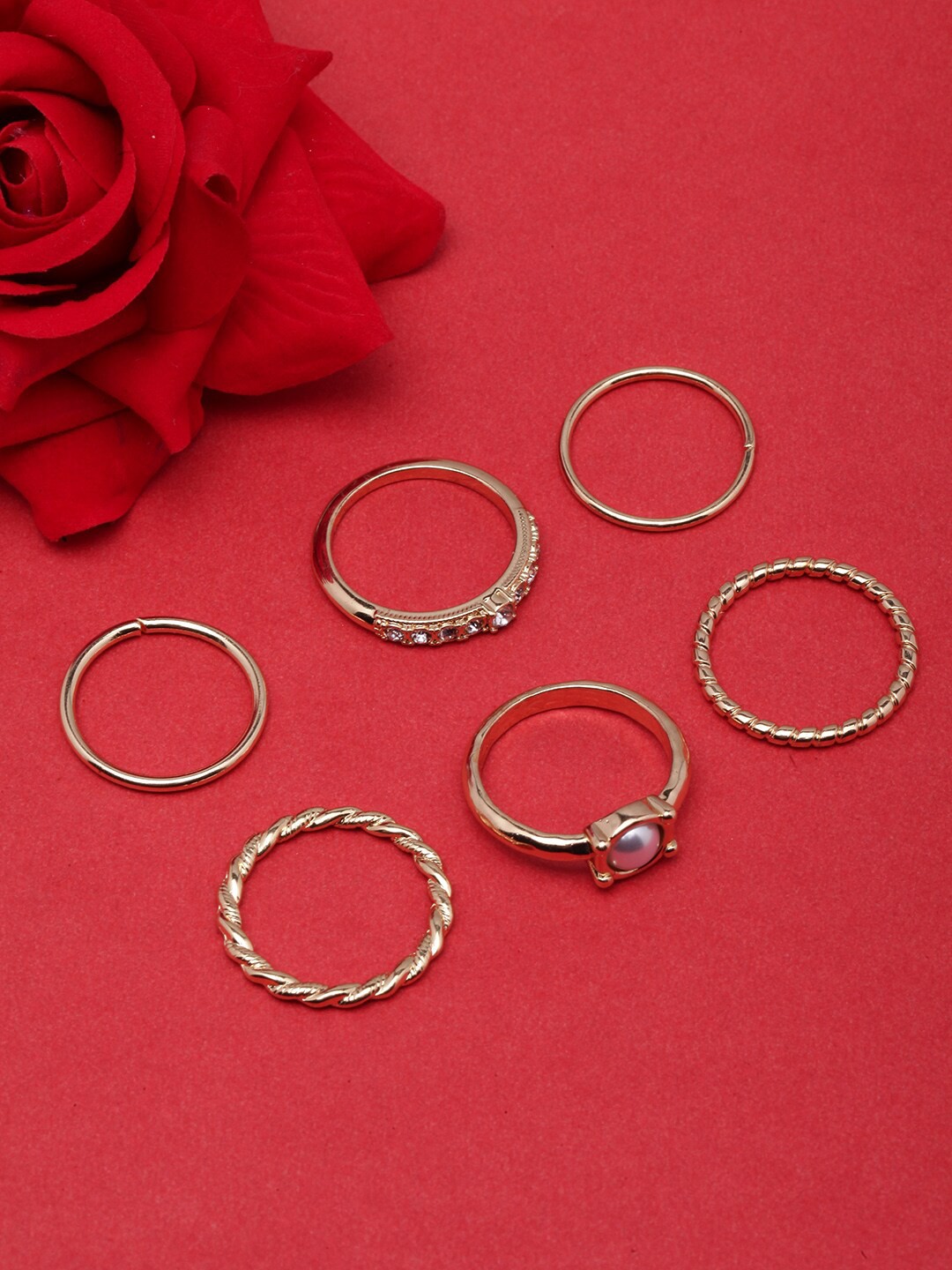 

DressBerry Set Of 6 Gold-Plated Finger Rings, White