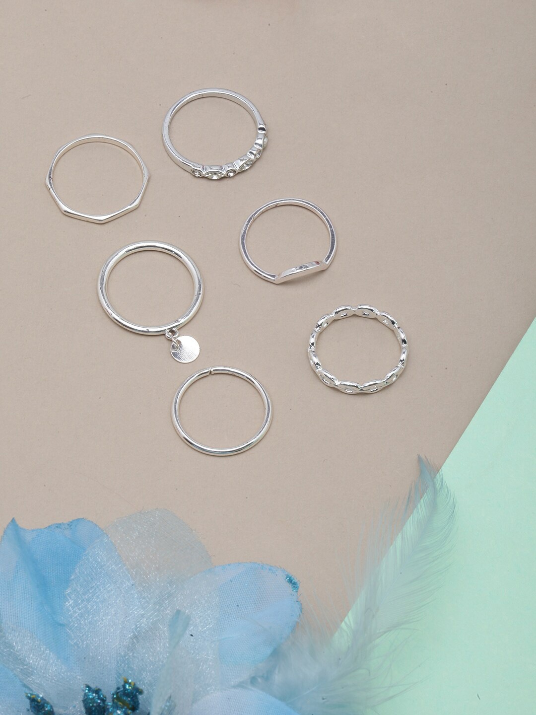 

DressBerry Set Of 6 Silver-Plated CZ-Studded Finger Rings, White