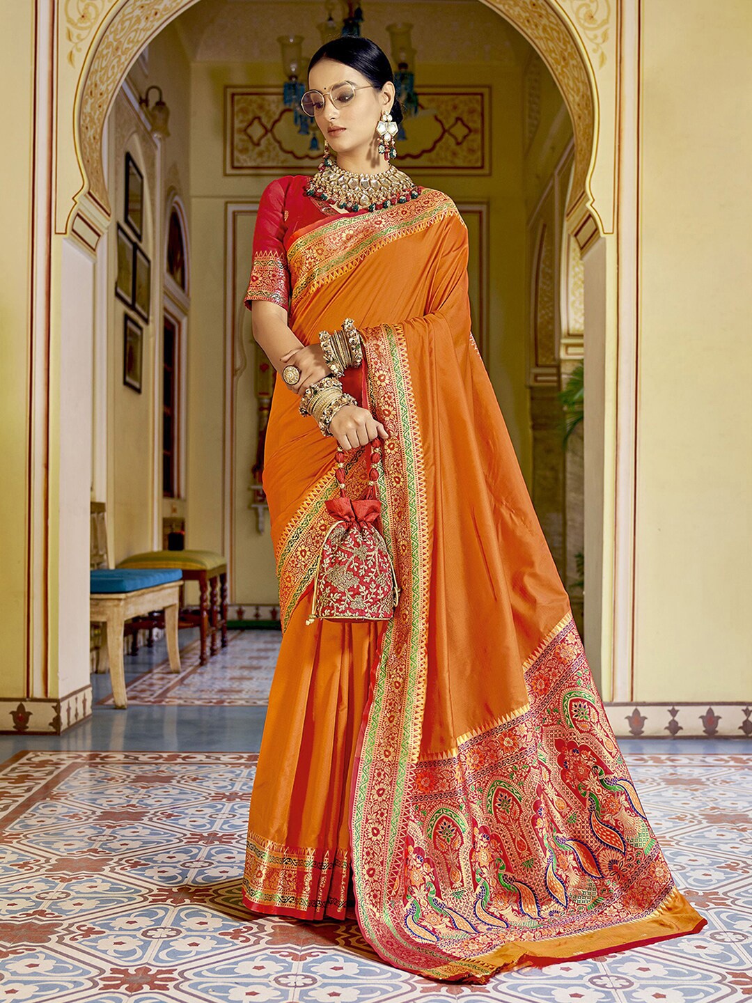 

Satrani Floral Woven Design Zari Banarasi Saree, Orange