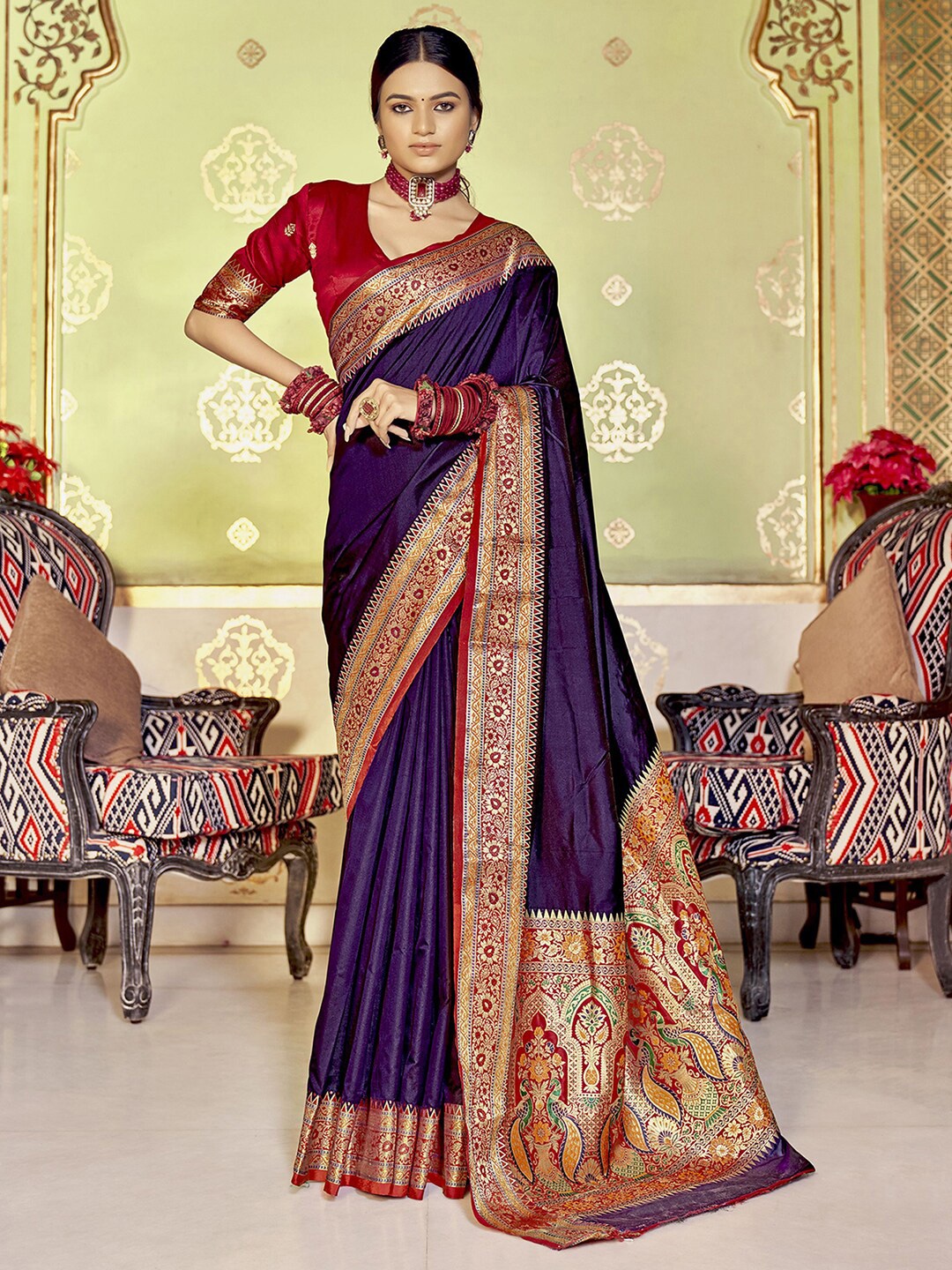 

Satrani Woven Design Zari Banarasi Saree, Purple