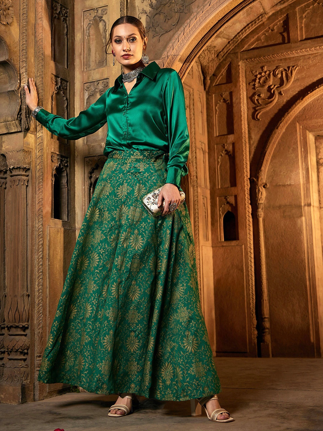 

Shae by SASSAFRAS Ready to Wear Lehenga & Shirt Collar Blouse, Green