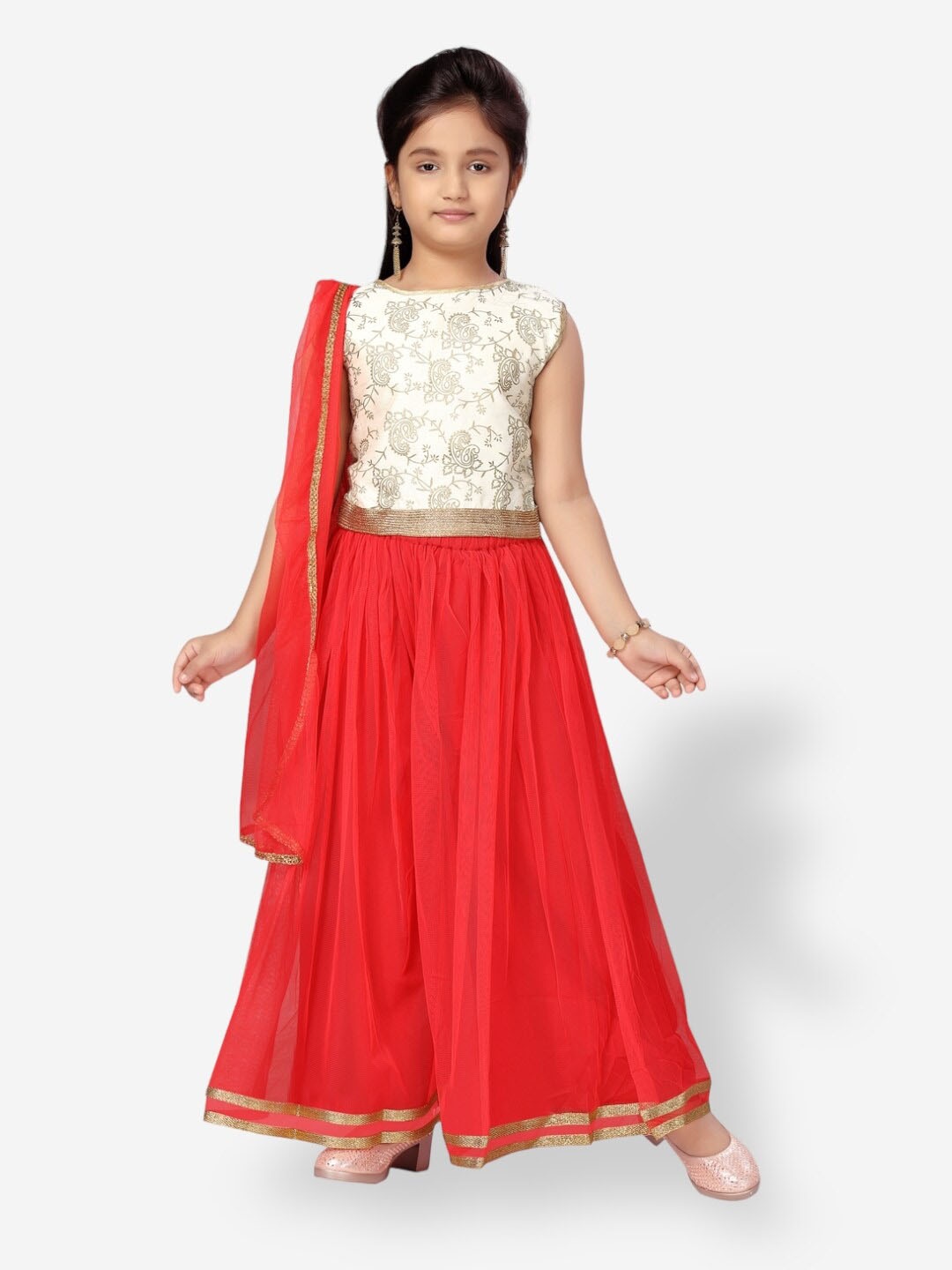 

Aarika Girls Floral Printed Foil Print Pure Silk Top & Palazzo With Dupatta, Cream