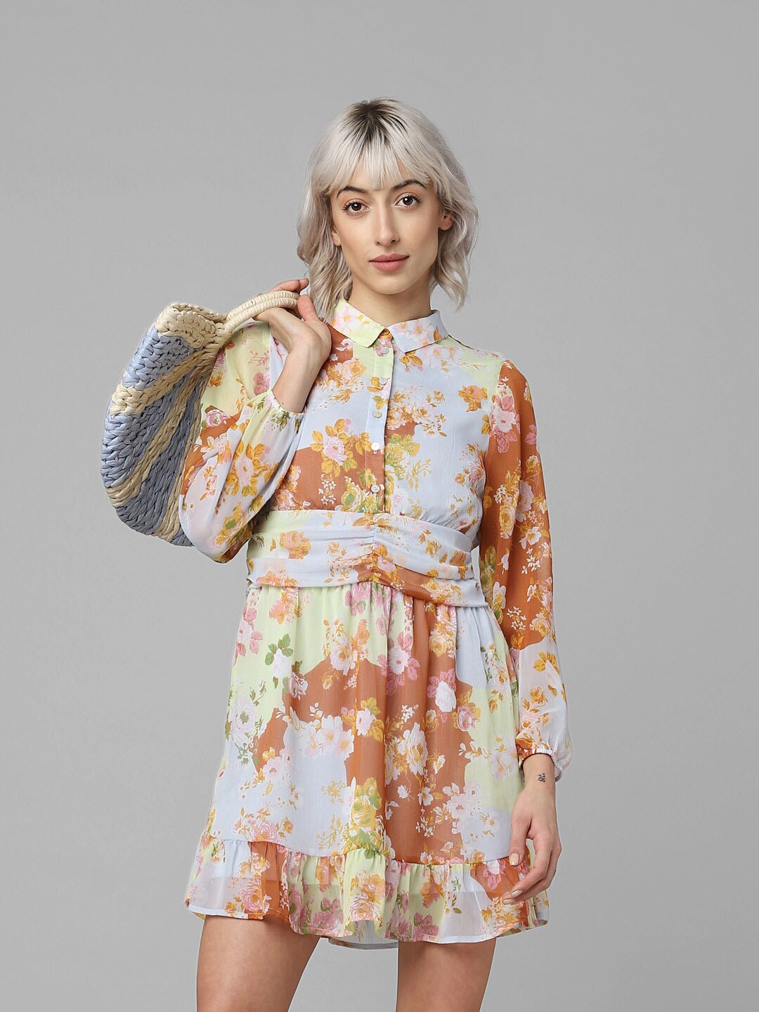 

ONLY Floral Printed Spread Collar Shirt Dress, Blue