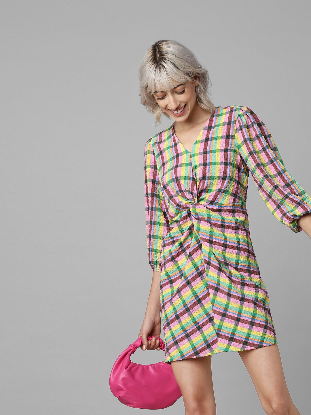 

ONLY V-Neck Checked Puff Sleeves Ruched Dress, Pink