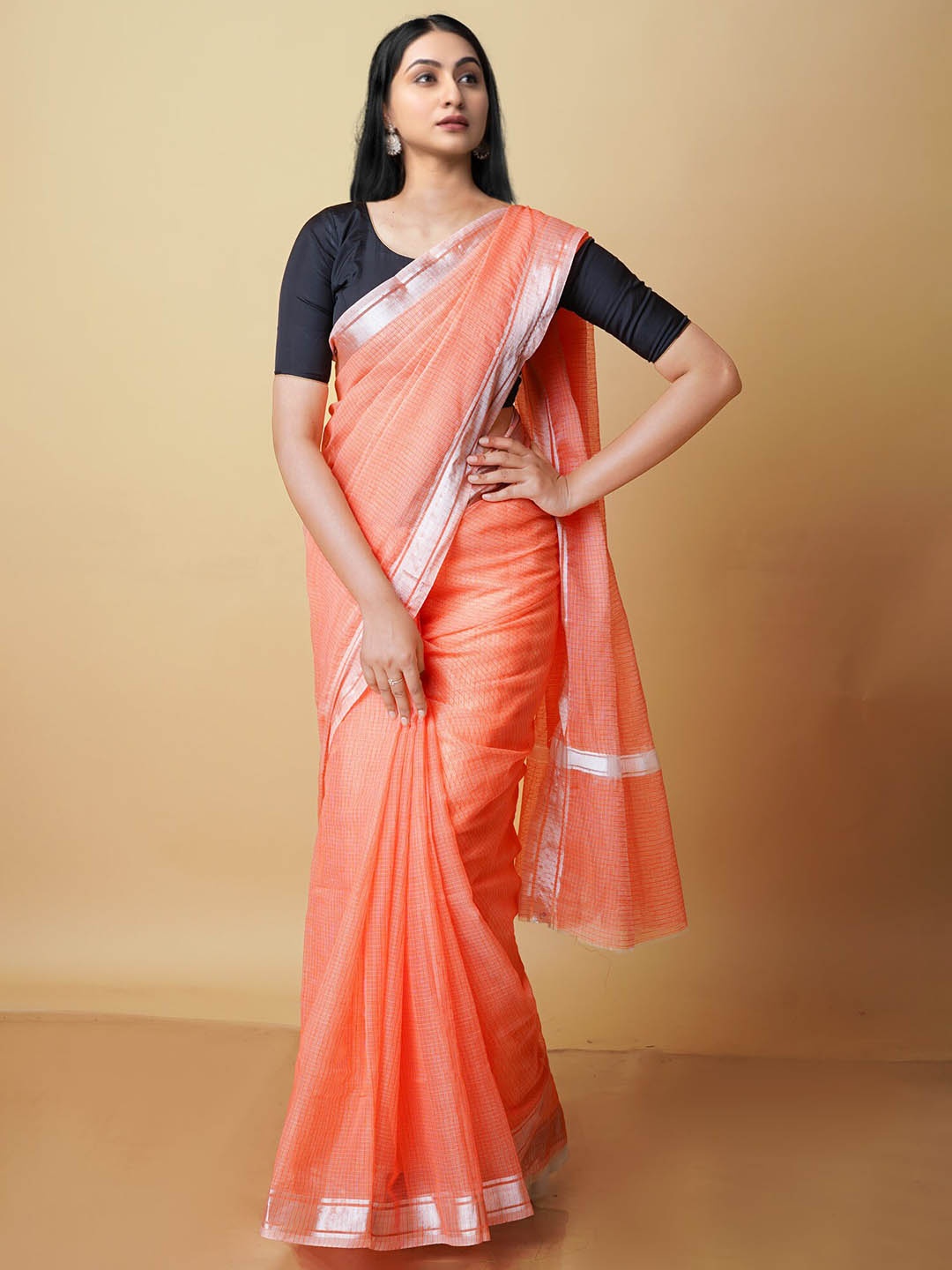 

Unnati Silks Checked Zari Pure Cotton Kota Saree, Peach