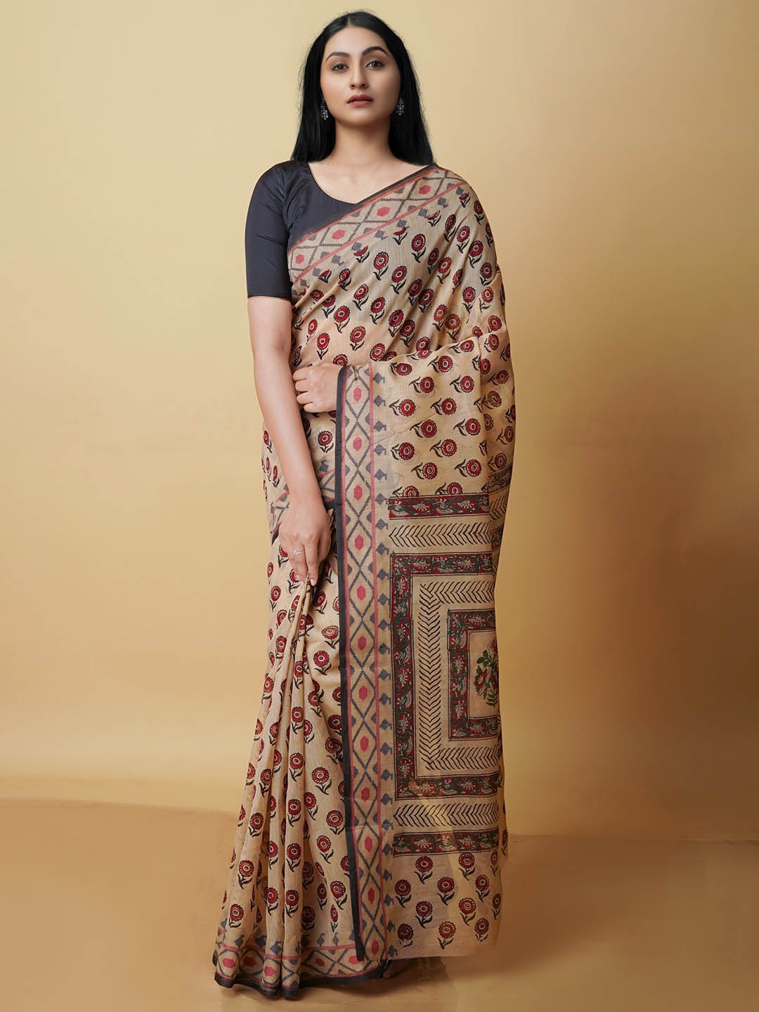 

Unnati Silks Floral Printed Silk Cotton Chanderi Saree, Beige
